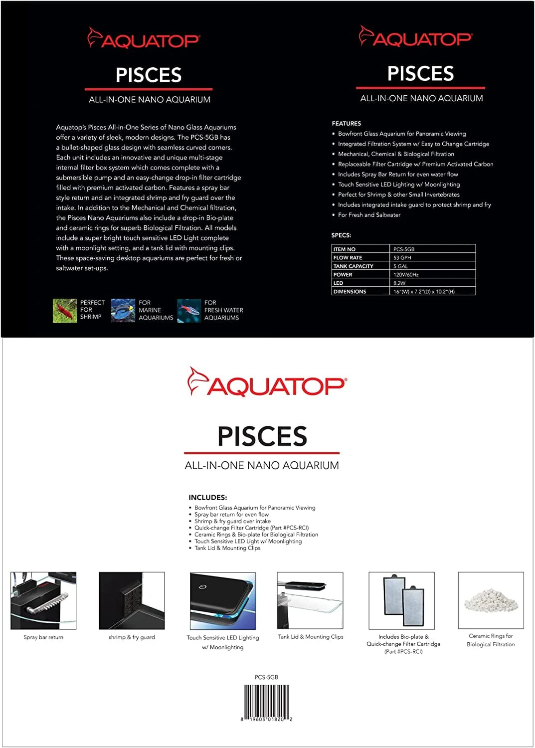 Aquatop Pisces Nano Bullet Glass Aquarium - Black - 5 Gal - Image 3