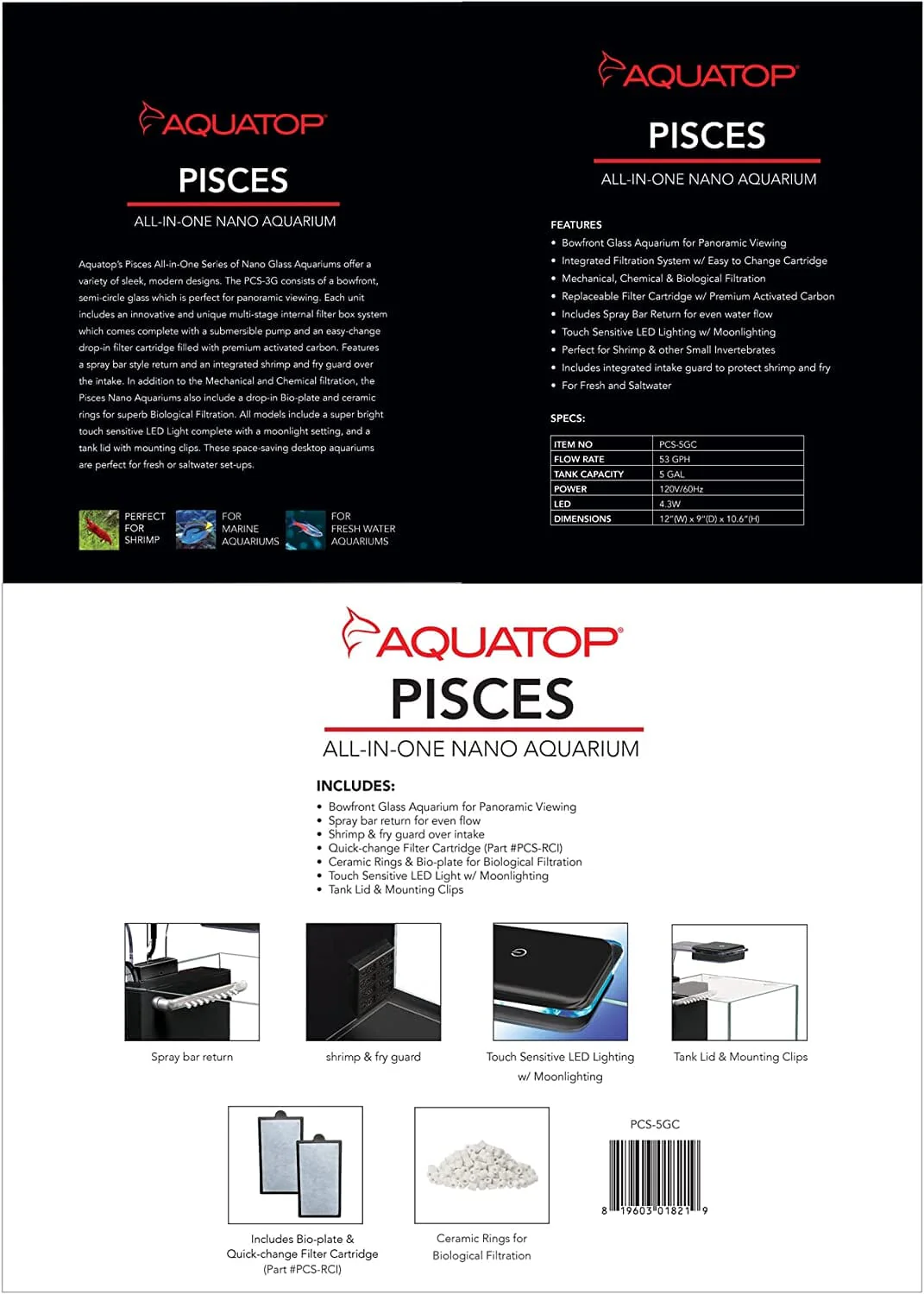 Aquatop Pisces Nano Cube Glass Aquarium - Black - 5 Gal - Image 3