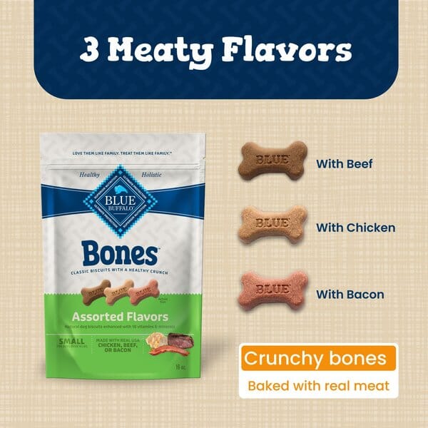 Blue Buffalo Bones Assorted Beef Bacon and Chicken Small Dog Biscuits Treats - 16 Oz - Image 3