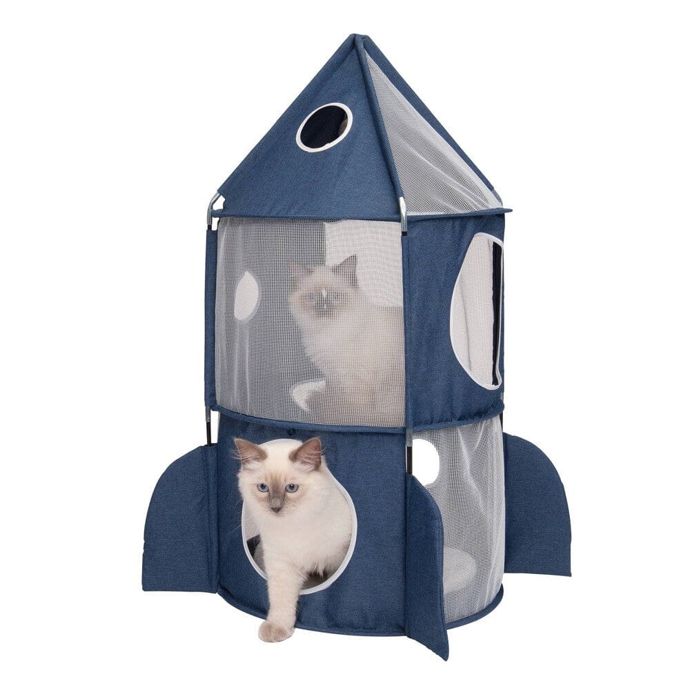Catit Vesper Rocket Ship Portable Three-Level Interactive Cat Tree and Tunnel - Blue