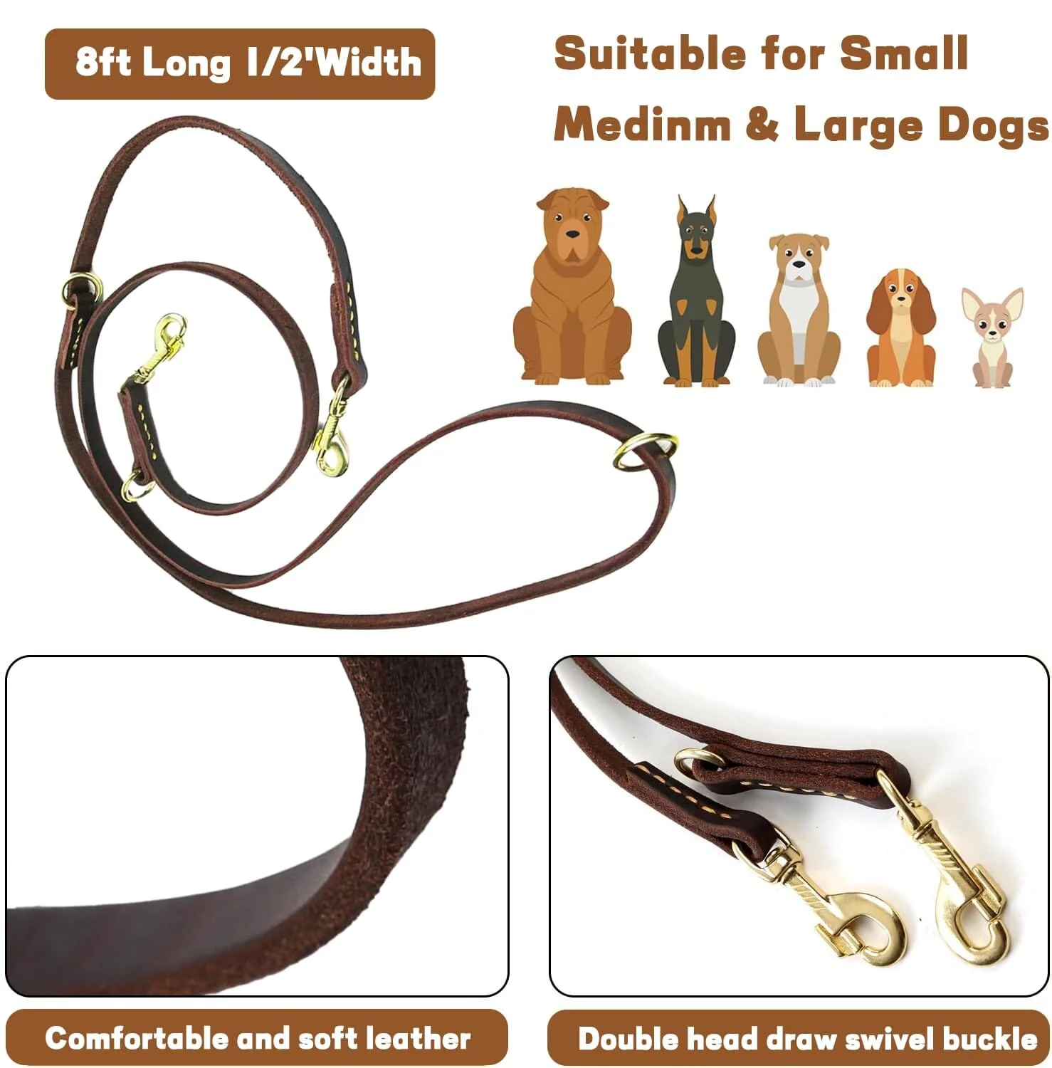 Curli Leather Adjustable Dog Leash - Brown - Large - Image 5