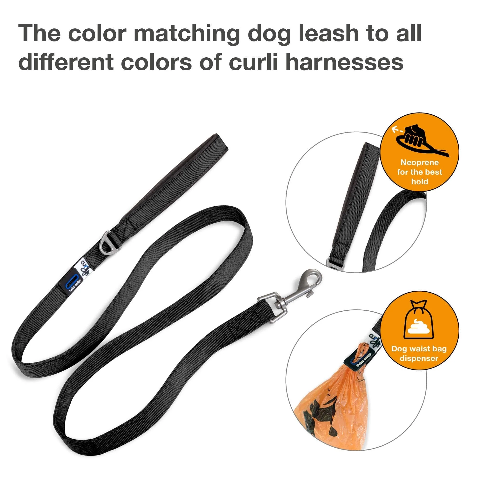 Curli Stretch Comfort Dog Leash - Black - Medium - Image 2
