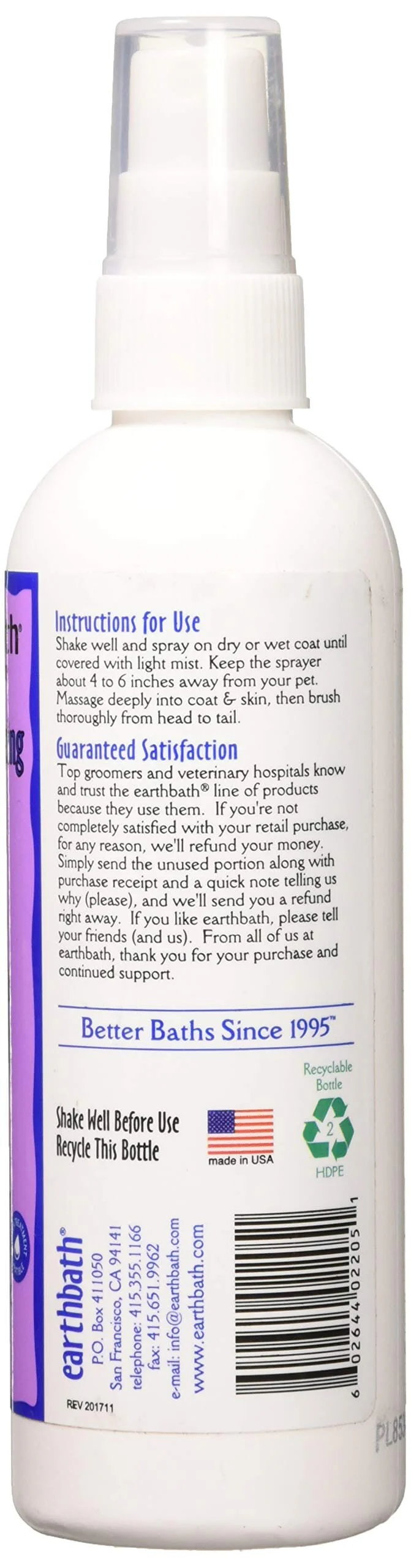 Earthbath Lavender 3-in-1 Deodorizing Detangling and Conditioning Spritz Dog Spray - 8 Oz - Image 2