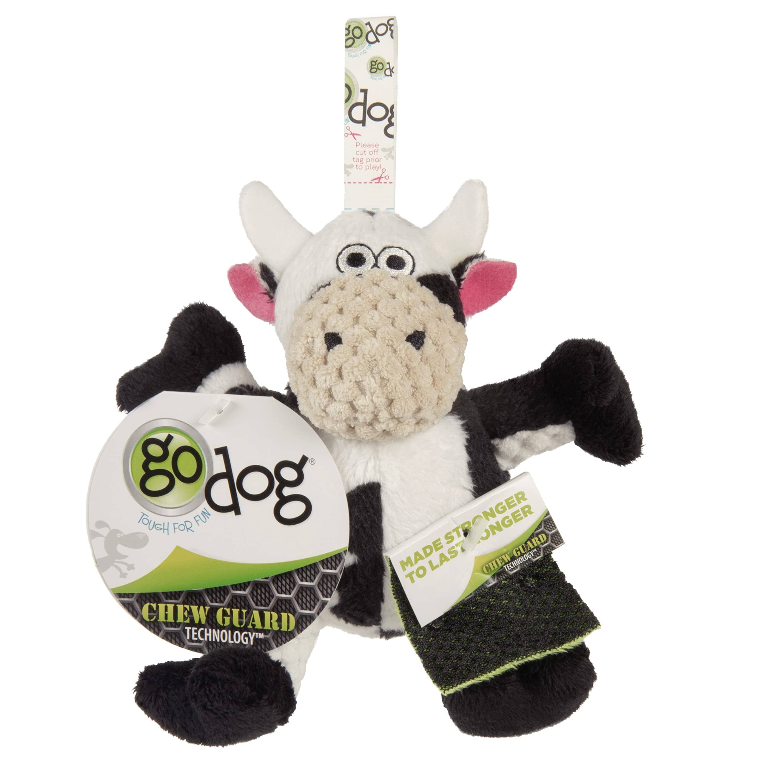 GoDog Checkers Sitting Cow Squeak and Plush Dog Toy with Chew-Guard Tech - Black/White - Mini - Image 2