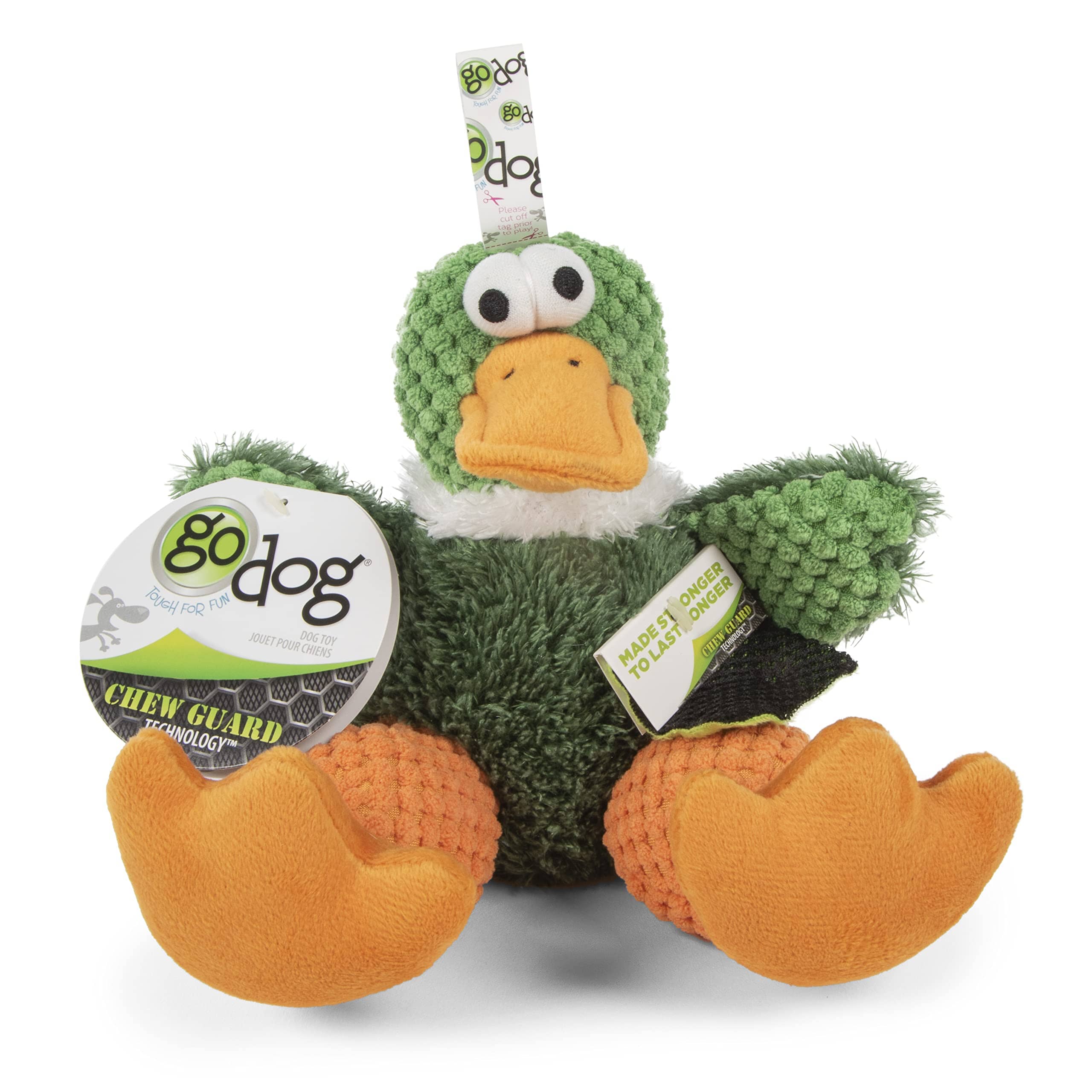 GoDog Checkers Sitting Duck Squeak and Plush Dog Toy with Chew-Guard Tech - Green - Small