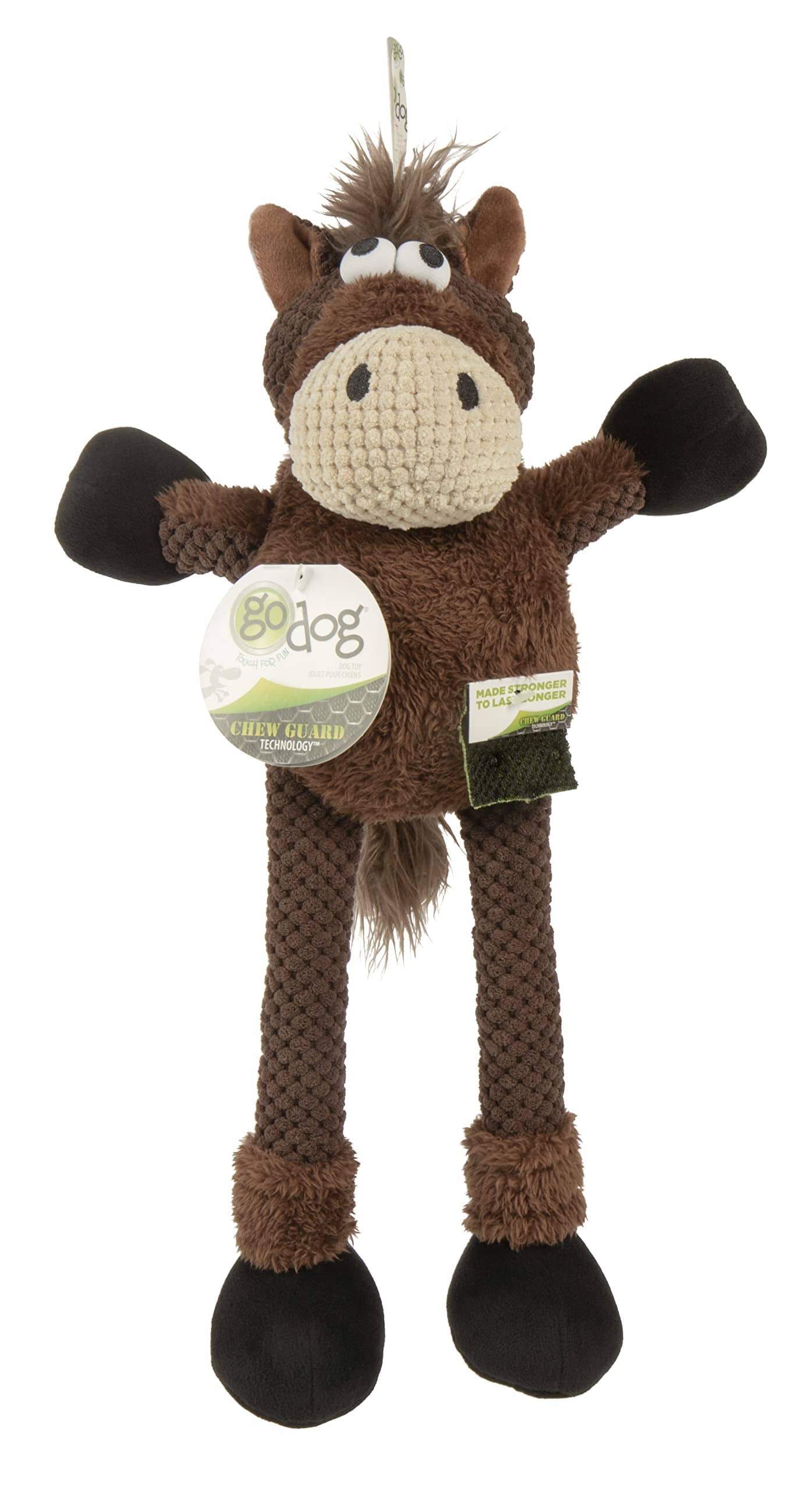 GoDog Checkers Sitting Horse Squeak and Plush Dog Toy with Chew-Guard Tech - Brown - Mini