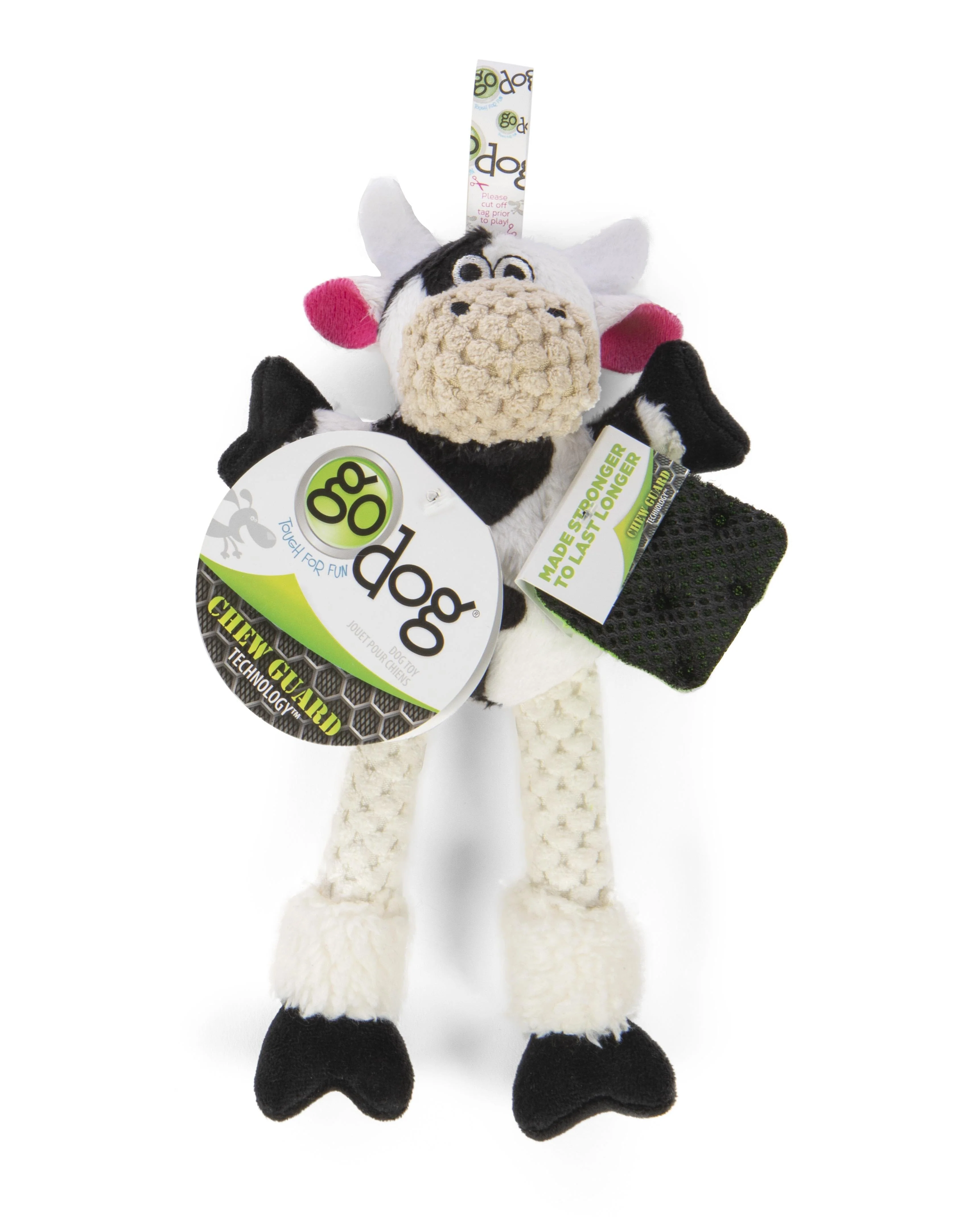 GoDog Checkers Skinny Cow Plush Dog Toy with Chew-Guard Tech - Black/Whte - Mini