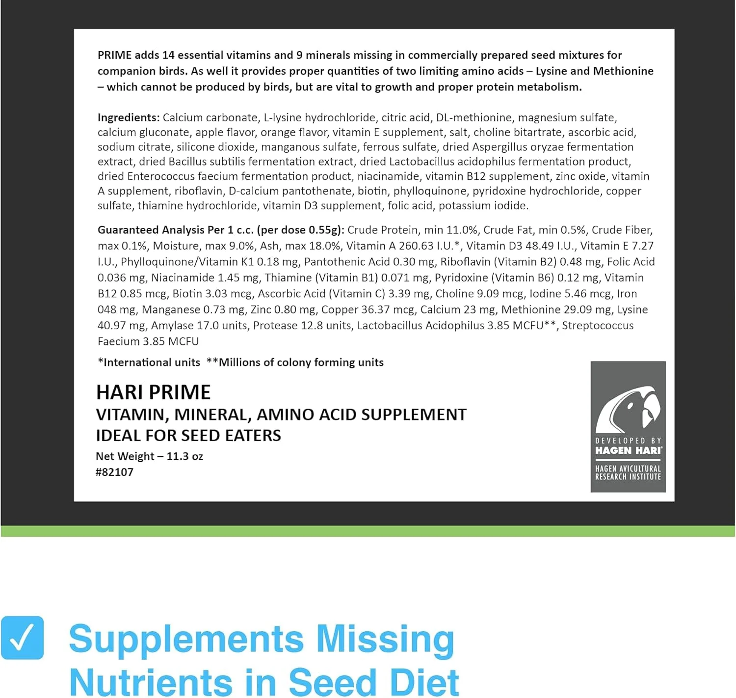 Hagen Hari Prime Vitamin Mineral and Amino Acids Powder Seed Eating Bird Supplements - Image 2