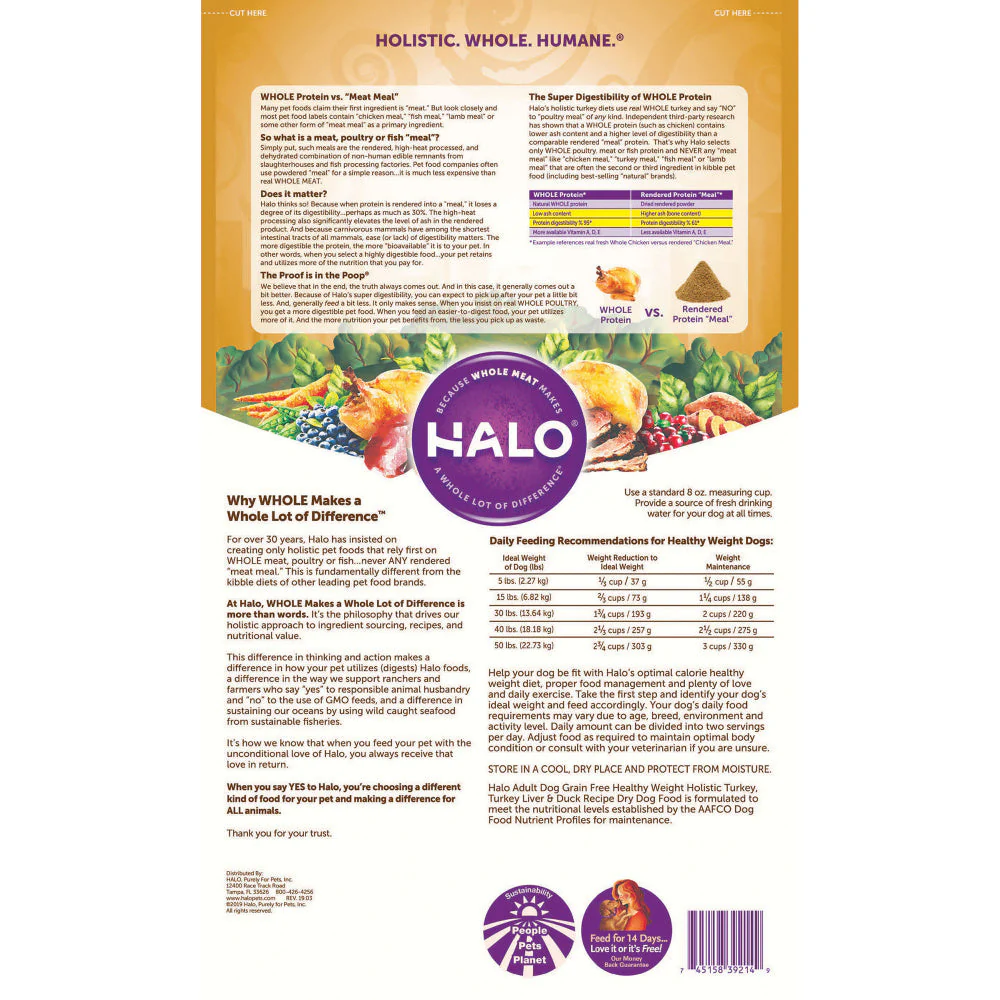 Halo Adult Healthy Weight Grain Free Holistic Turkey, Turkey Liver & Duck Recipe Dry Dog Food - Image 9