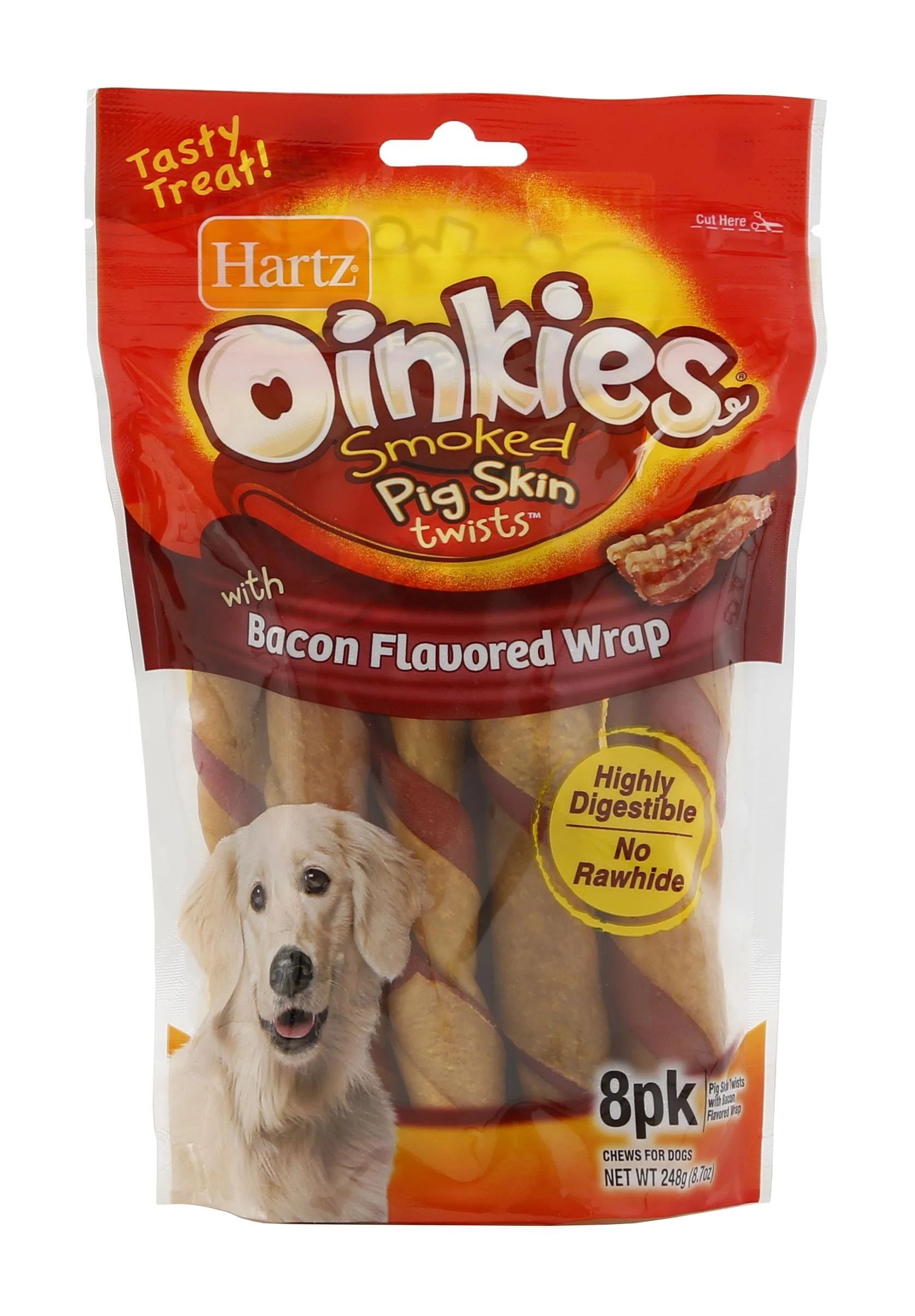 Hartz Mountain Oinkies Rawhide-Free Bacon Wrapped Pork Skin Twists Natural Dog Chews - 8 Pack