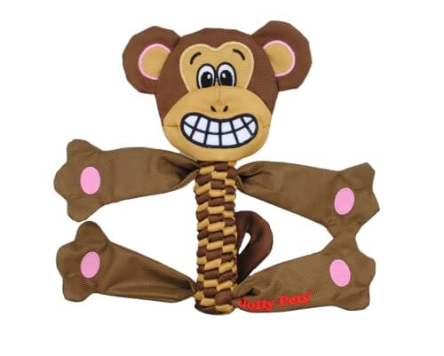 Jolly Pets Animal Flatheads Monkey Stuffing-Free Squeak and Rope Tug Dog Toy