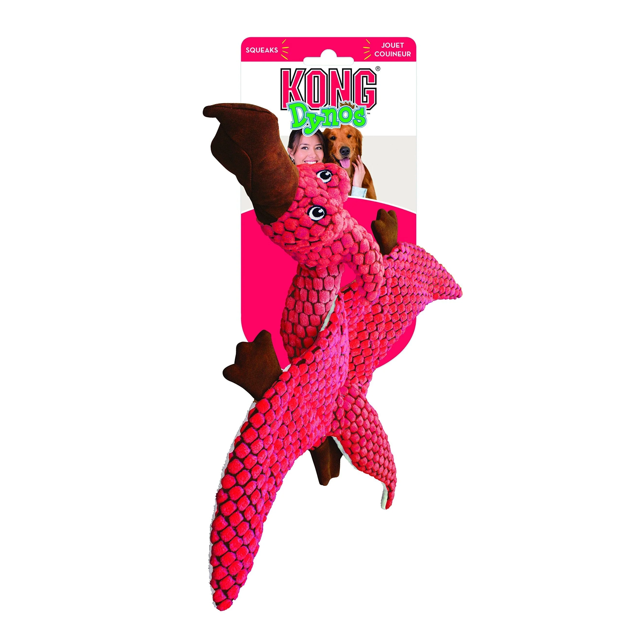 Kong Dynos Pterodactyl Reinforced Lining Squeak and Plush Dog Toy - Coral - Large