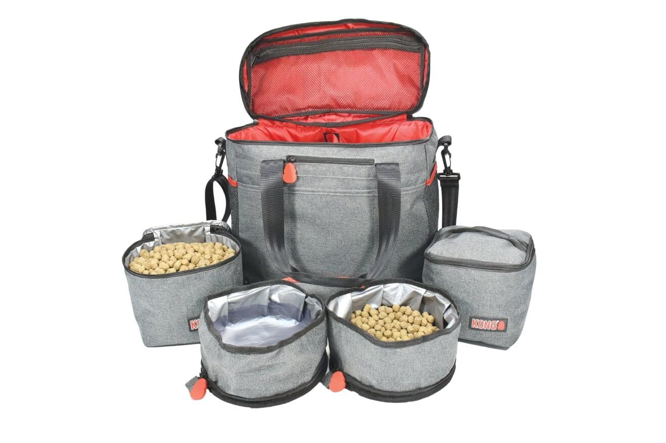 Kong Travel Bag with Travel Pet Food Storage and Pet Bowls - Gray/Red - 5 Piece Set