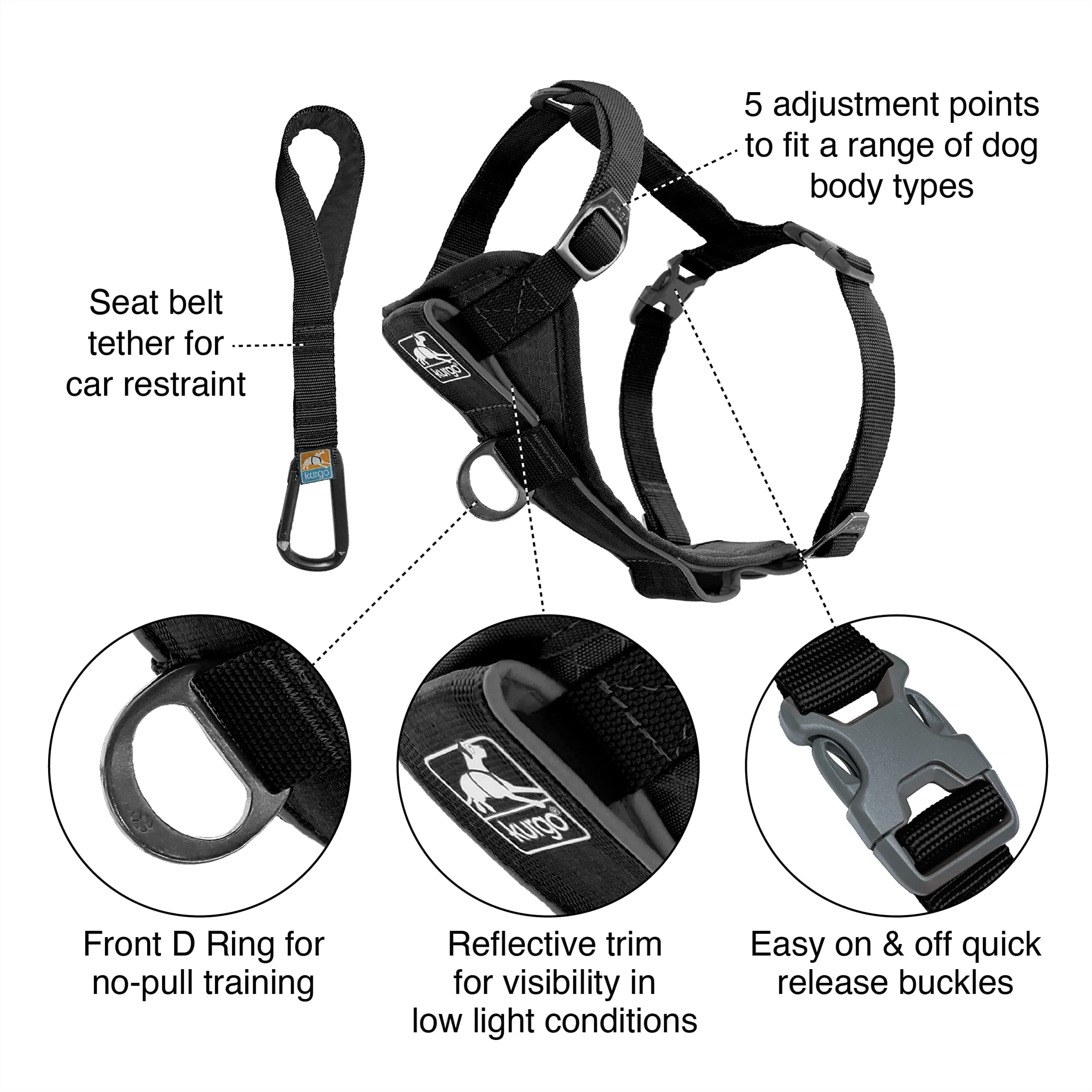 Kurgo Tru-Fit Quick-Release No-Pull Tether Smart Dog Harness - Black - Image 3