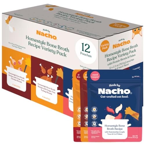 Made by Nacho Chicken Turkey Tuna and Cod Bone Broth Cat Food Topper - Variety Pack - 2.5 Oz - 12 Pack - Case of 2