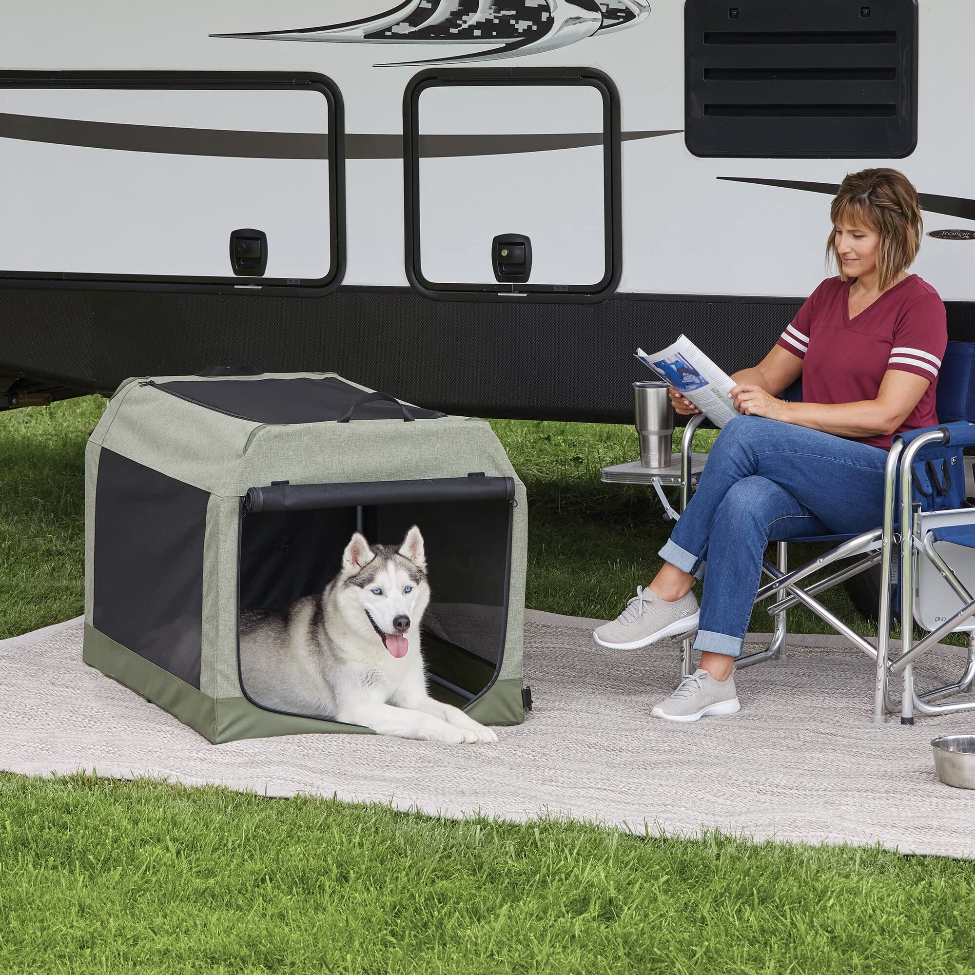 Midwest Canine Camper Pop-Up Tent Soft Folding Dog Crate - Green - 42" X 26" X 32" In - Image 3