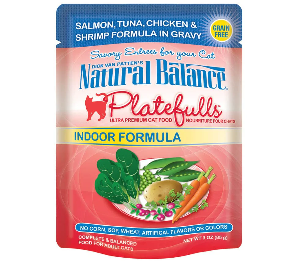 Natural Balance Pet Foods Platefulls Indoor Wet Cat Food Salmon, Tuna, Chicken & Shrimp in Gravy - 3 Oz - Case of 24