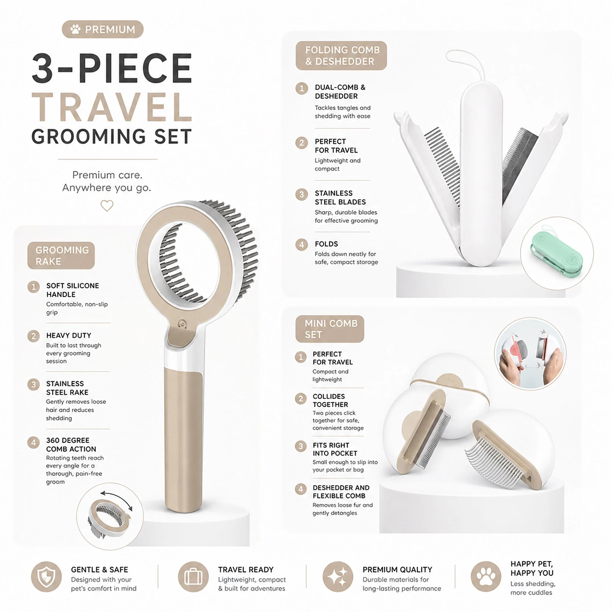Pet Life ® 3-Piece Modern Premium and Travel Rake Deshedder and Comb Cat and Dog Grooming Set - Brown and White - Image 3