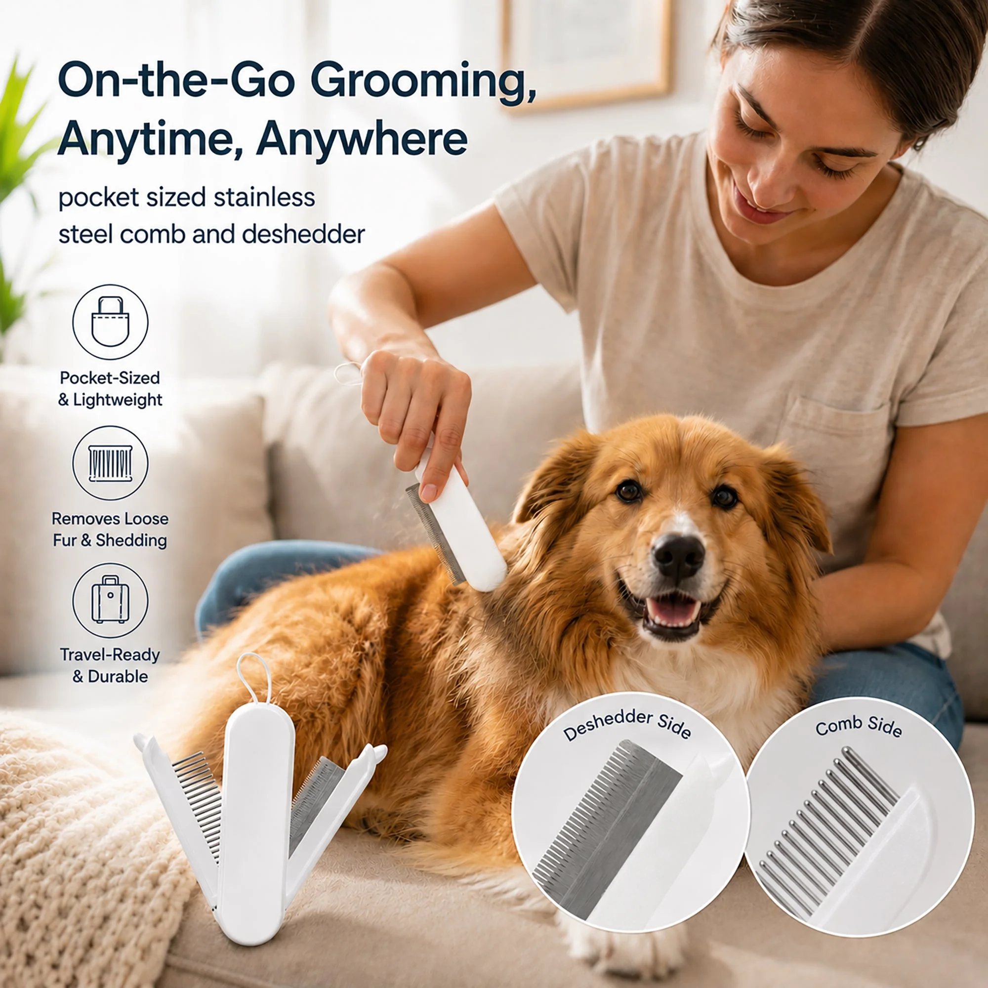 Pet Life ® 3-Piece Modern Premium and Travel Rake Deshedder and Comb Cat and Dog Grooming Set - Brown and White - Image 6