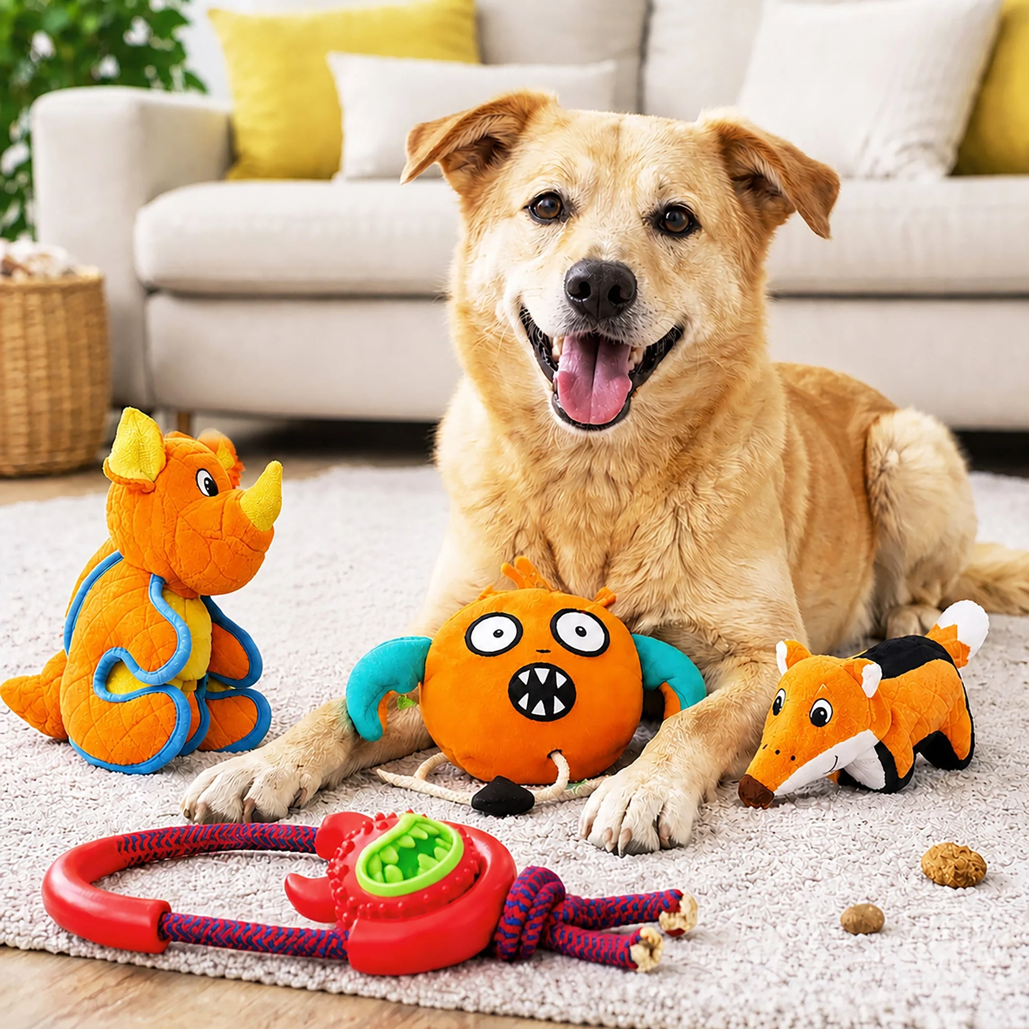 Pet Life ® 4-Piece Fetch Tug and Plush Squeaking Bundle Dog Toy Set - Orange - Image 4