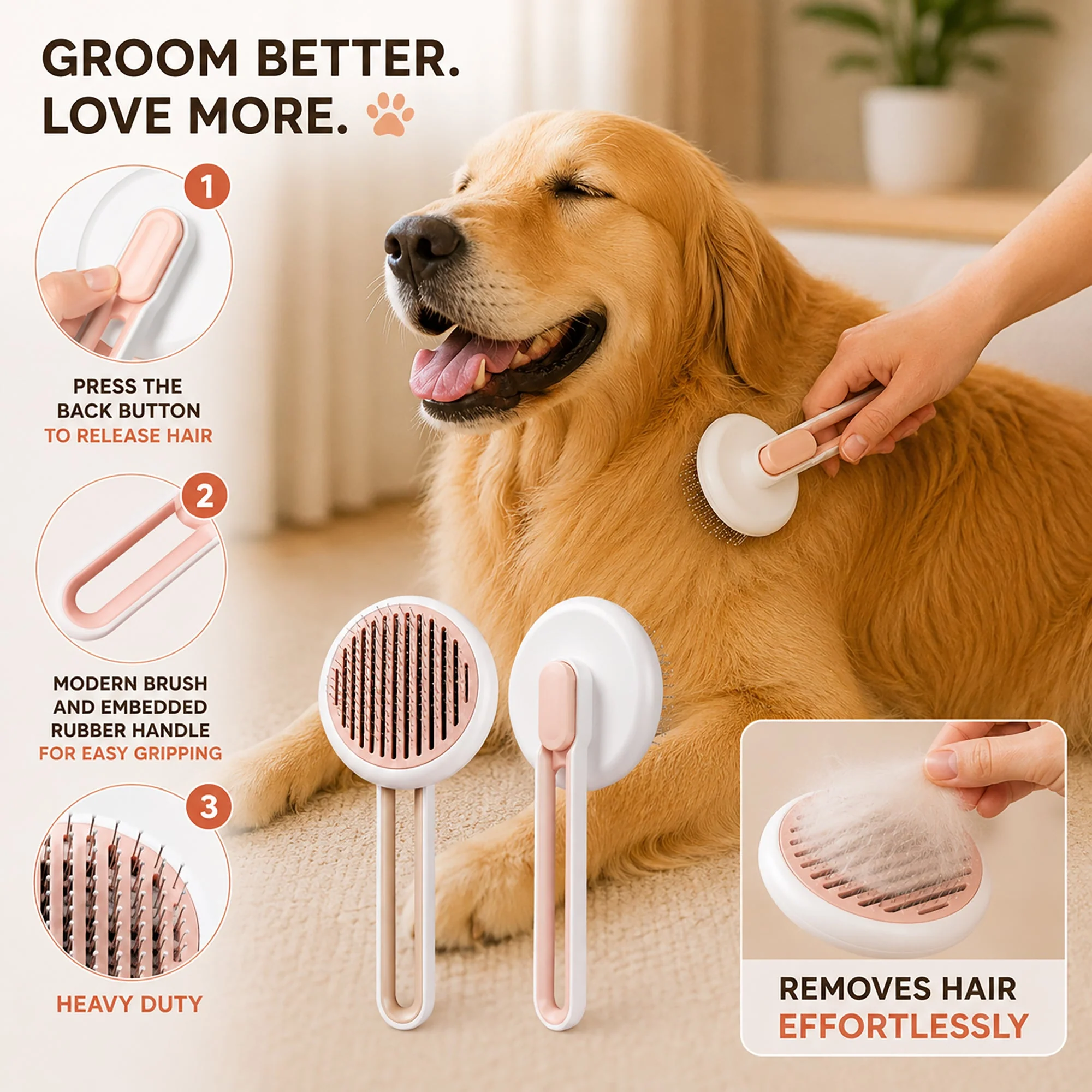 Pet Life ® 4-Piece Modern Premium Massage Slicker and Lint Brush and Deshedder Cat and Dog Grooming Set - Pink - Image 3