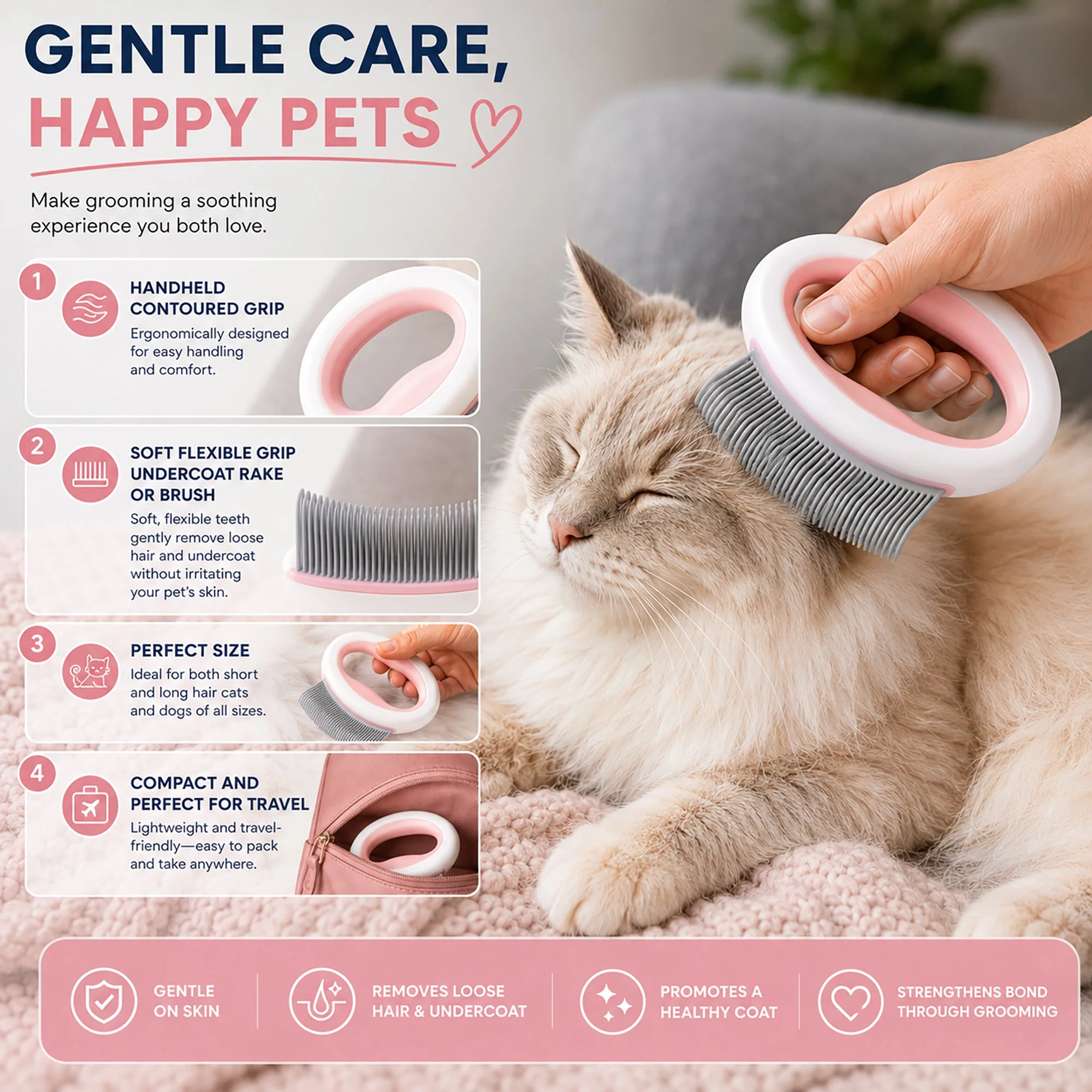 Pet Life ® 4-Piece Modern Premium Massage Slicker and Lint Brush and Deshedder Cat and Dog Grooming Set - Pink - Image 6