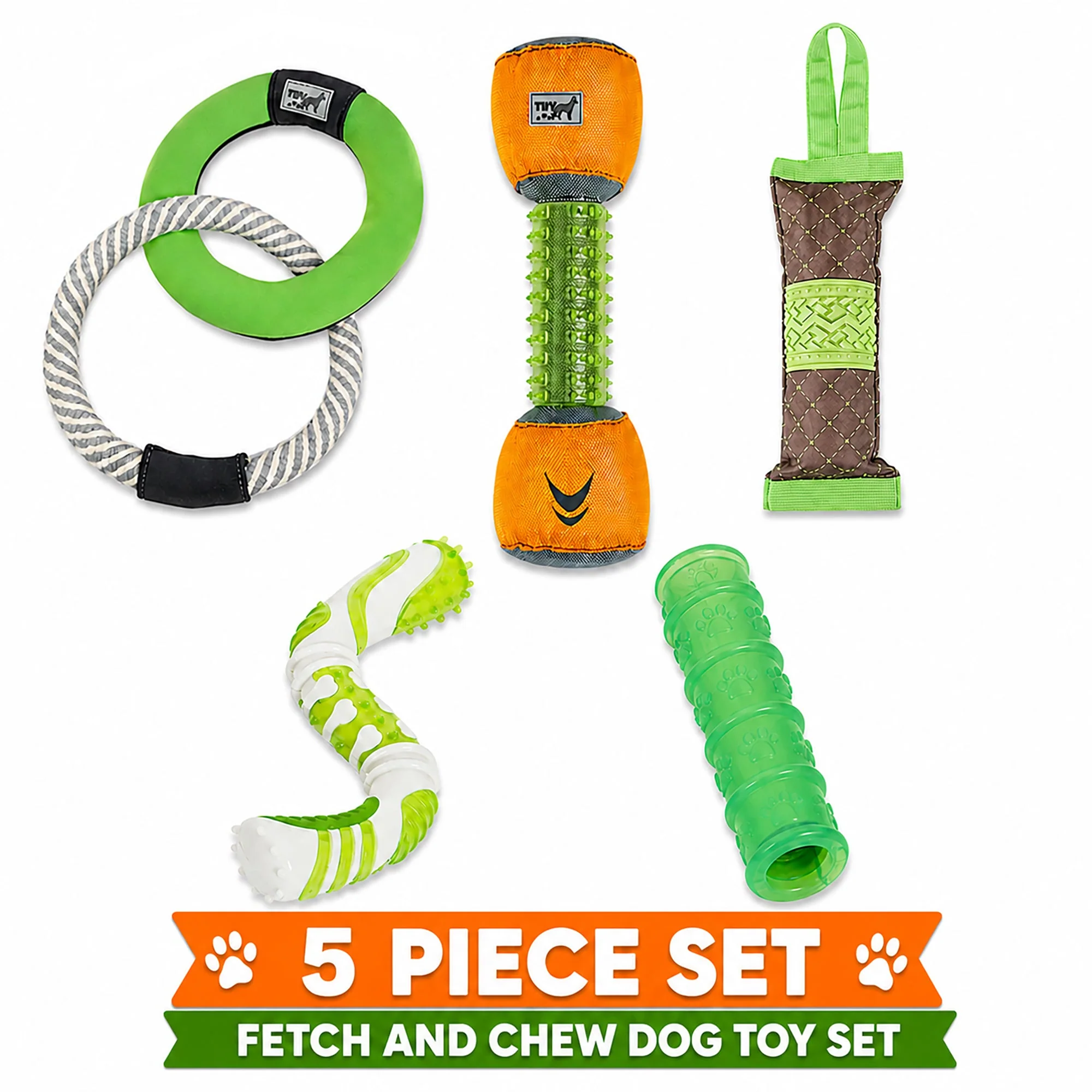 Pet Life ® 5-Piece Rugged Nylon and Rubber Plush Squeak Tug and Fetch Dog Toy Set - Green and Orange - Image 2