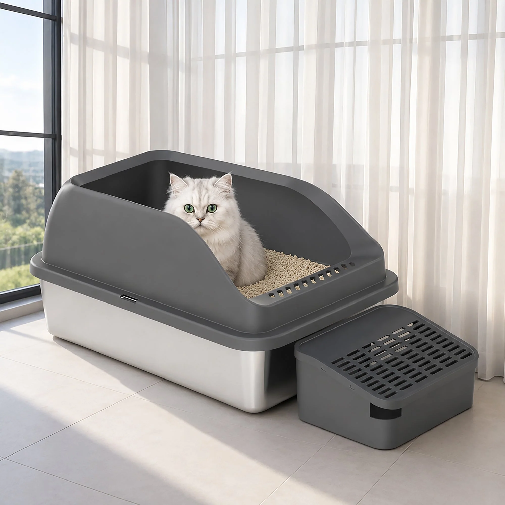 Pet Life ® “Open-Top” Modern Mess-Reducing Stainless Steel Cat Litter Box - Image 12