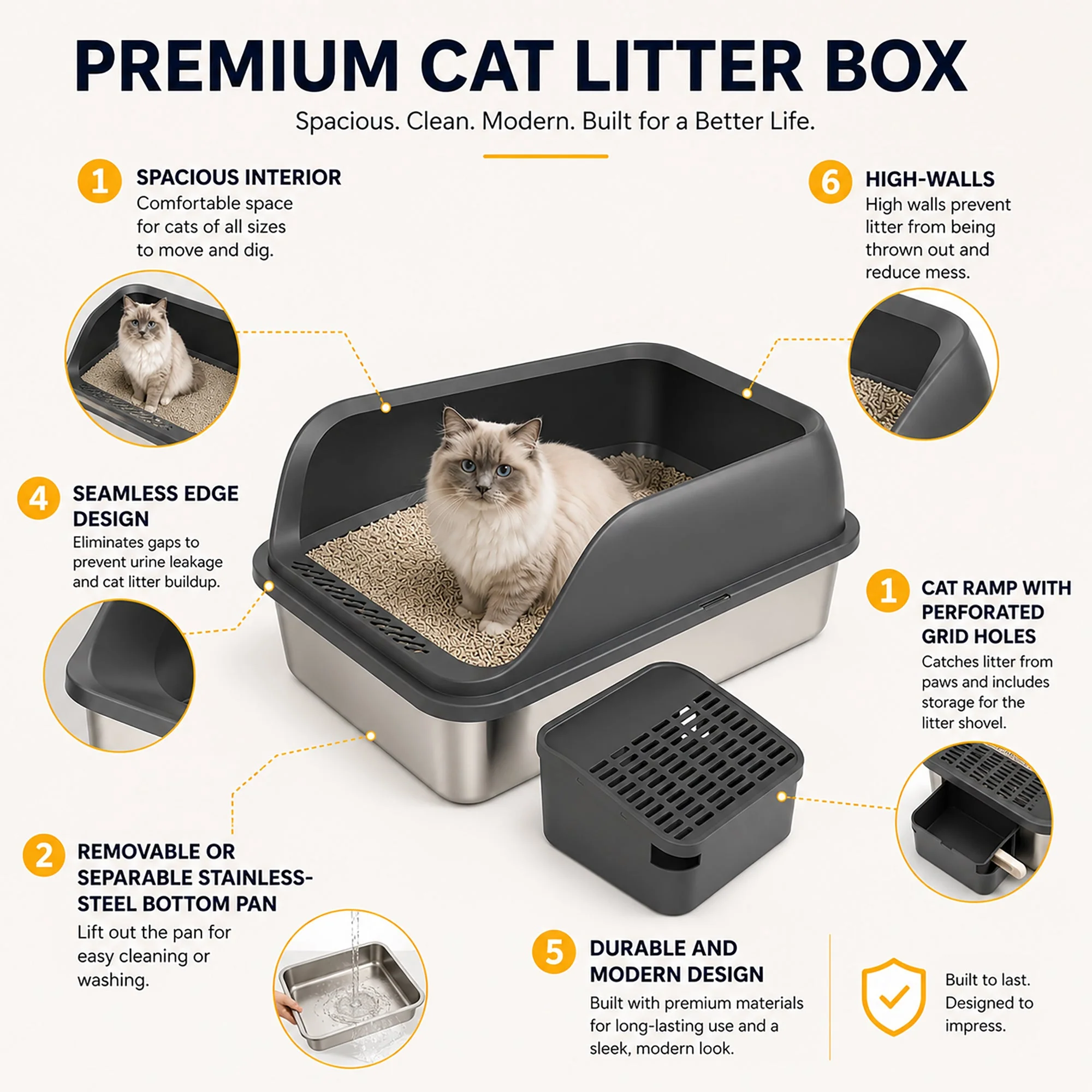 Pet Life ® “Open-Top” Modern Mess-Reducing Stainless Steel Cat Litter Box - Image 2