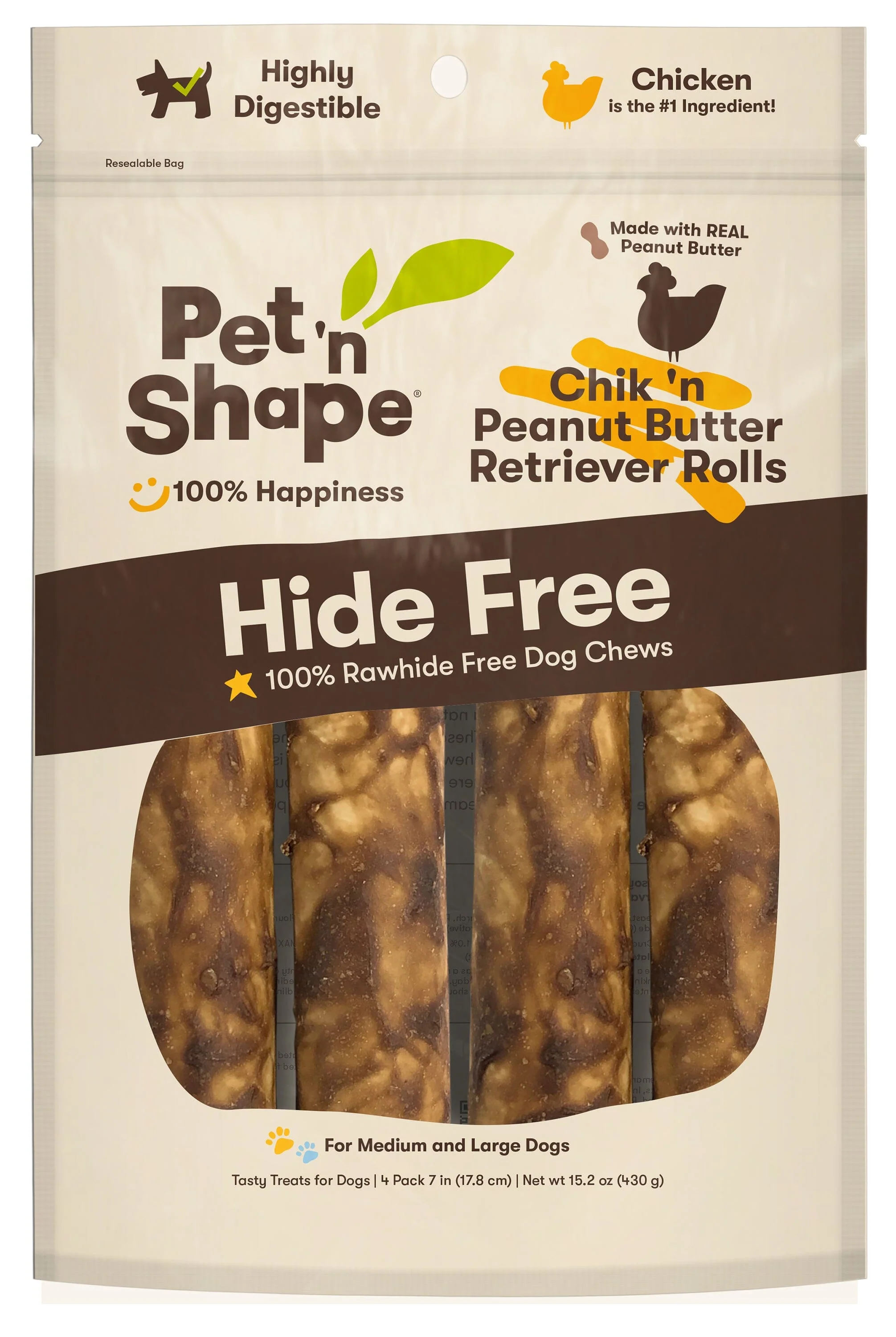 Pet 'N Shape Chik 'N Peanut Butter Retriever Roll Hide-Free Dog Treat - 7 in - 6 Count