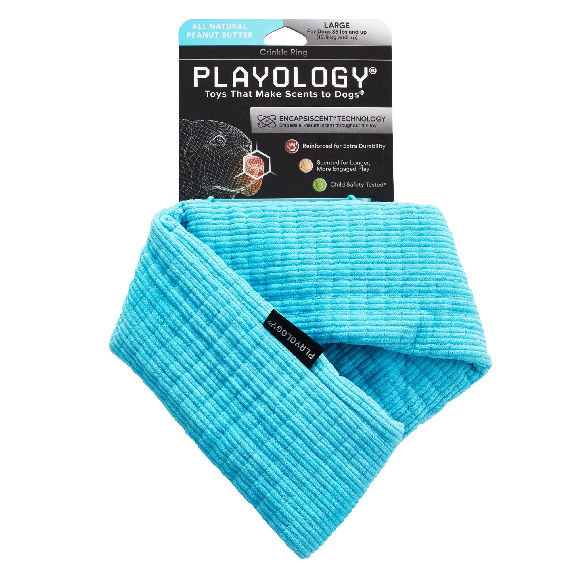 Playology Peanut Butter Scented Crinkle and Plush Ring Dog Toy with Encapsiscent Technology - Large