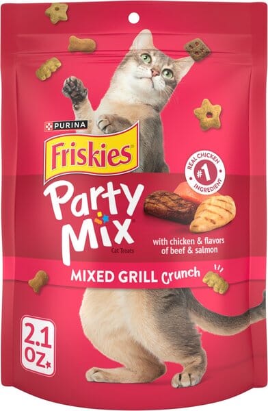Purina Friskies Party Mixed Grill Crunch Chicken Beef and Salmon Crunchy Cat Treats - 2.1 Oz - Case of 10
