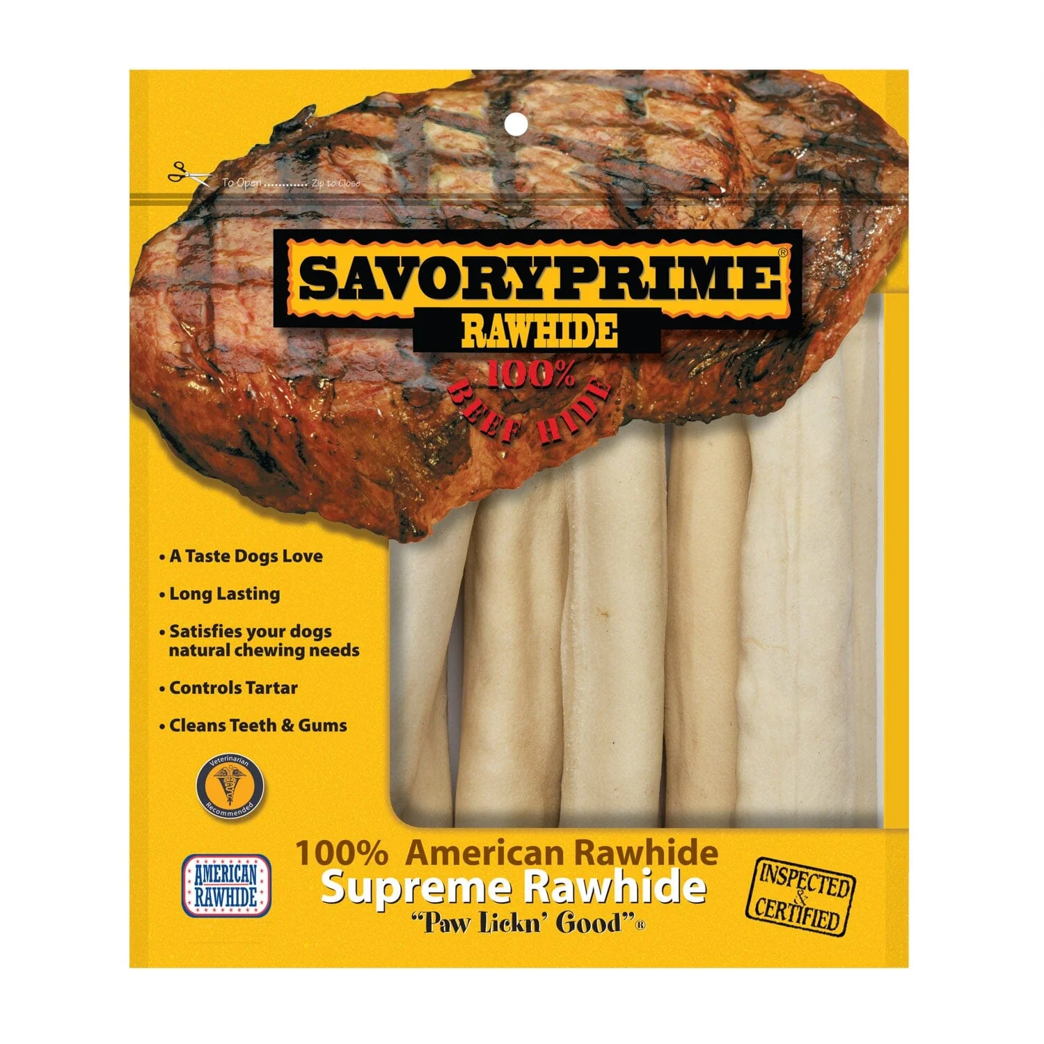 Savory Prime American Rawhide Beef-Hide Supreme Retriever Roll Natural Dog Chews - White - 10 Inch - 8 Pack