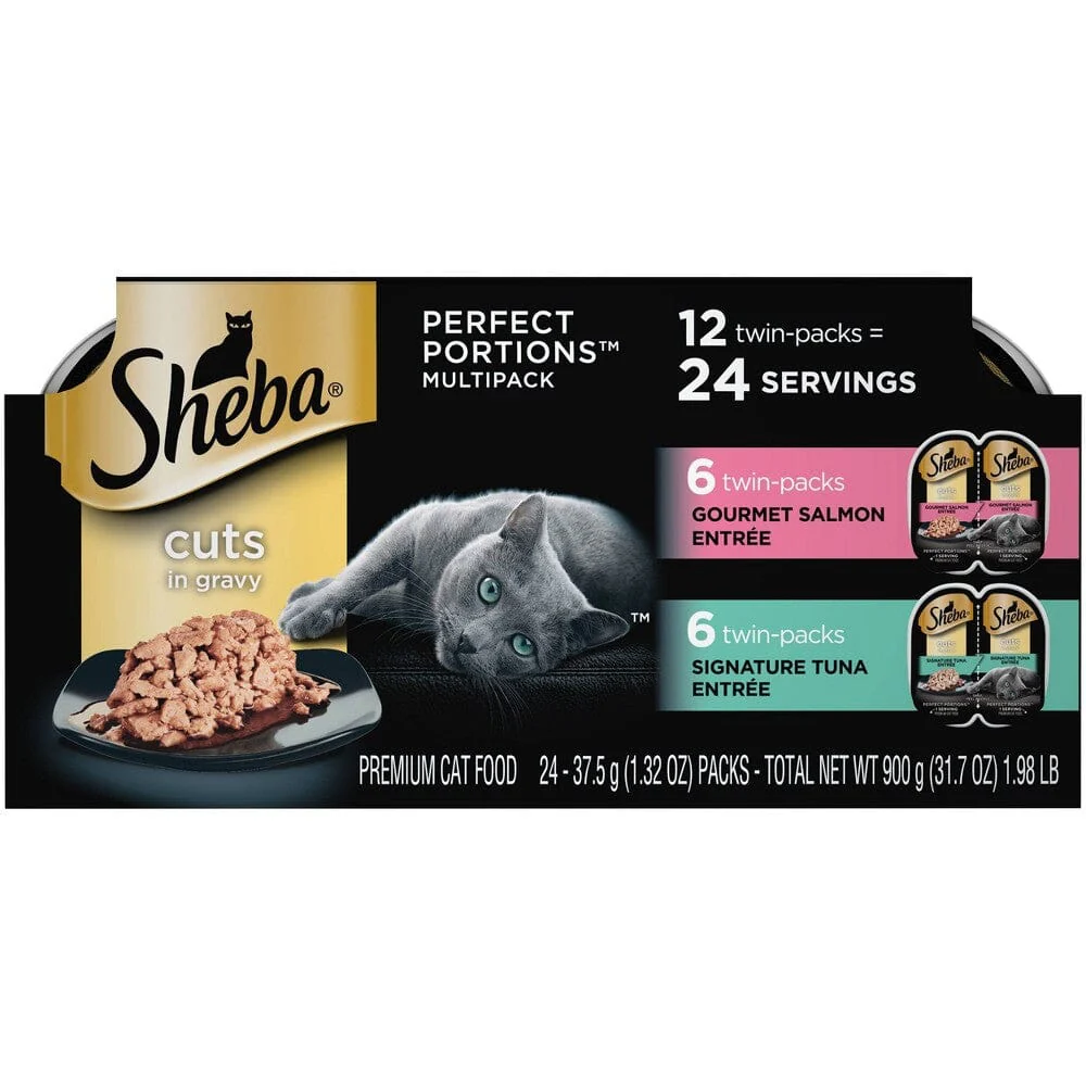 Sheba Perfect Portions Cuts in Gravy Seafood Salmon and Tuna Twin Pack Wet Cat Food Trays - Variety Pack - 2.6 Oz - 12 Pack - Case of 2