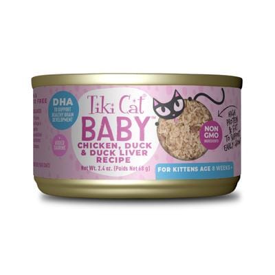 Tiki Cat Baby Grain-Free Chicken Duck and Duck Liver Shreds Kitten Canned Cat Food - 2.4 Oz - Case of 12