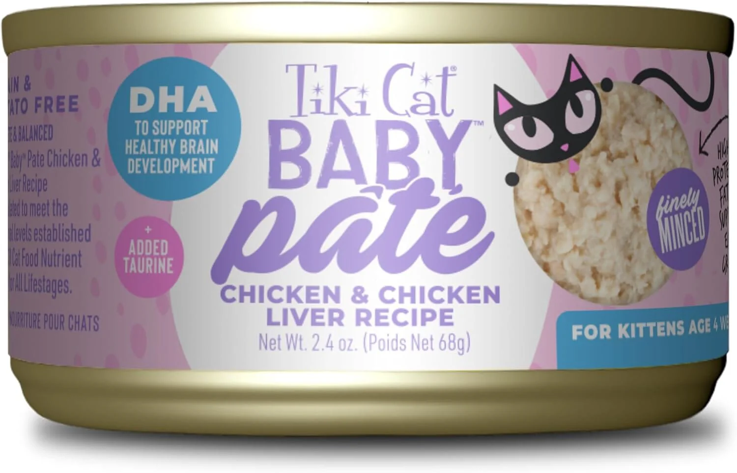 Tiki Cat Baby Pate Grain-Free Minced Chicken and Chicken Liver Kitten Canned Cat Food - 2.4 Oz - Case of 12
