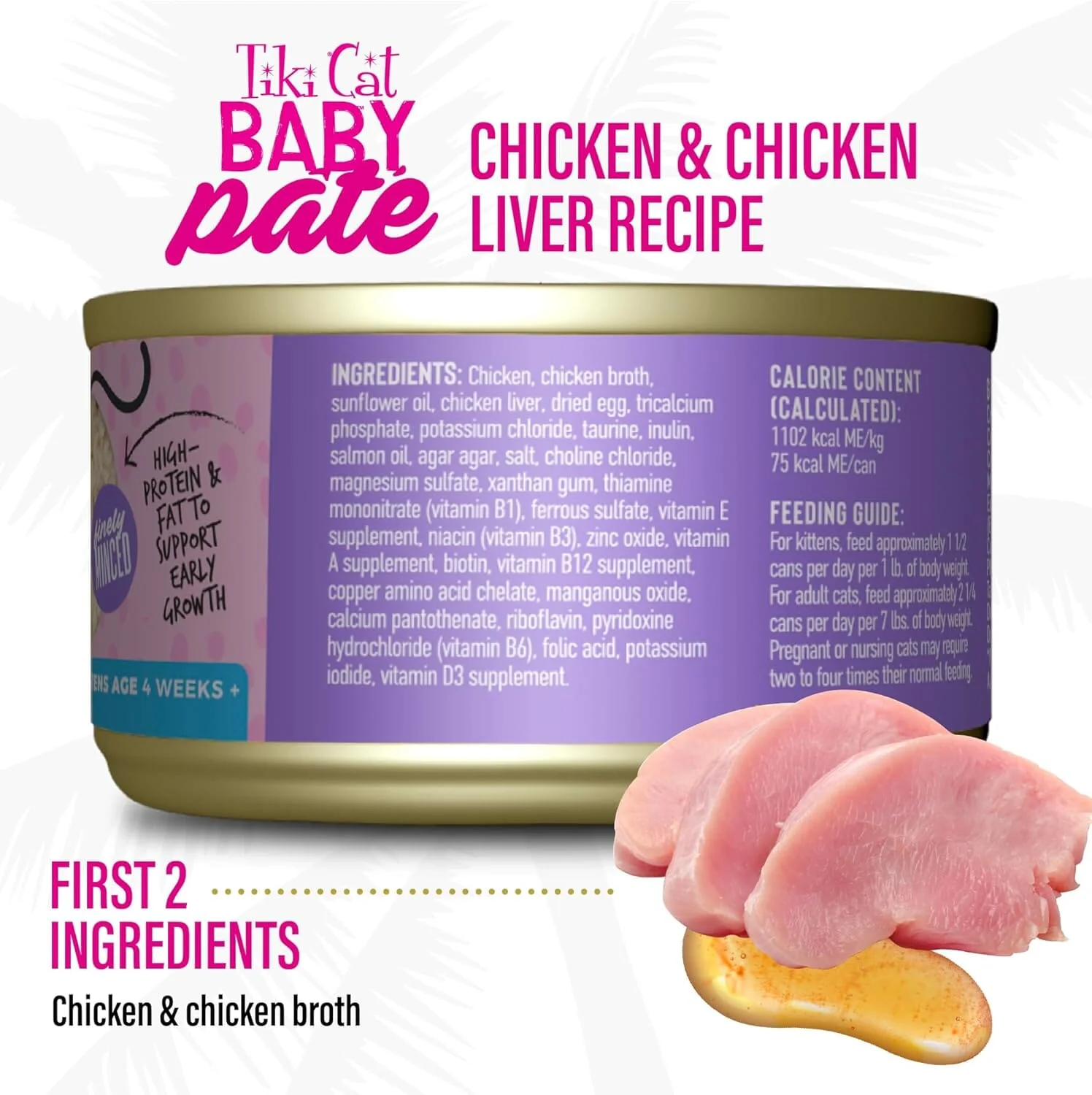 Tiki Cat Baby Pate Grain-Free Minced Chicken and Chicken Liver Kitten Canned Cat Food - 2.4 Oz - Case of 12 - Image 2