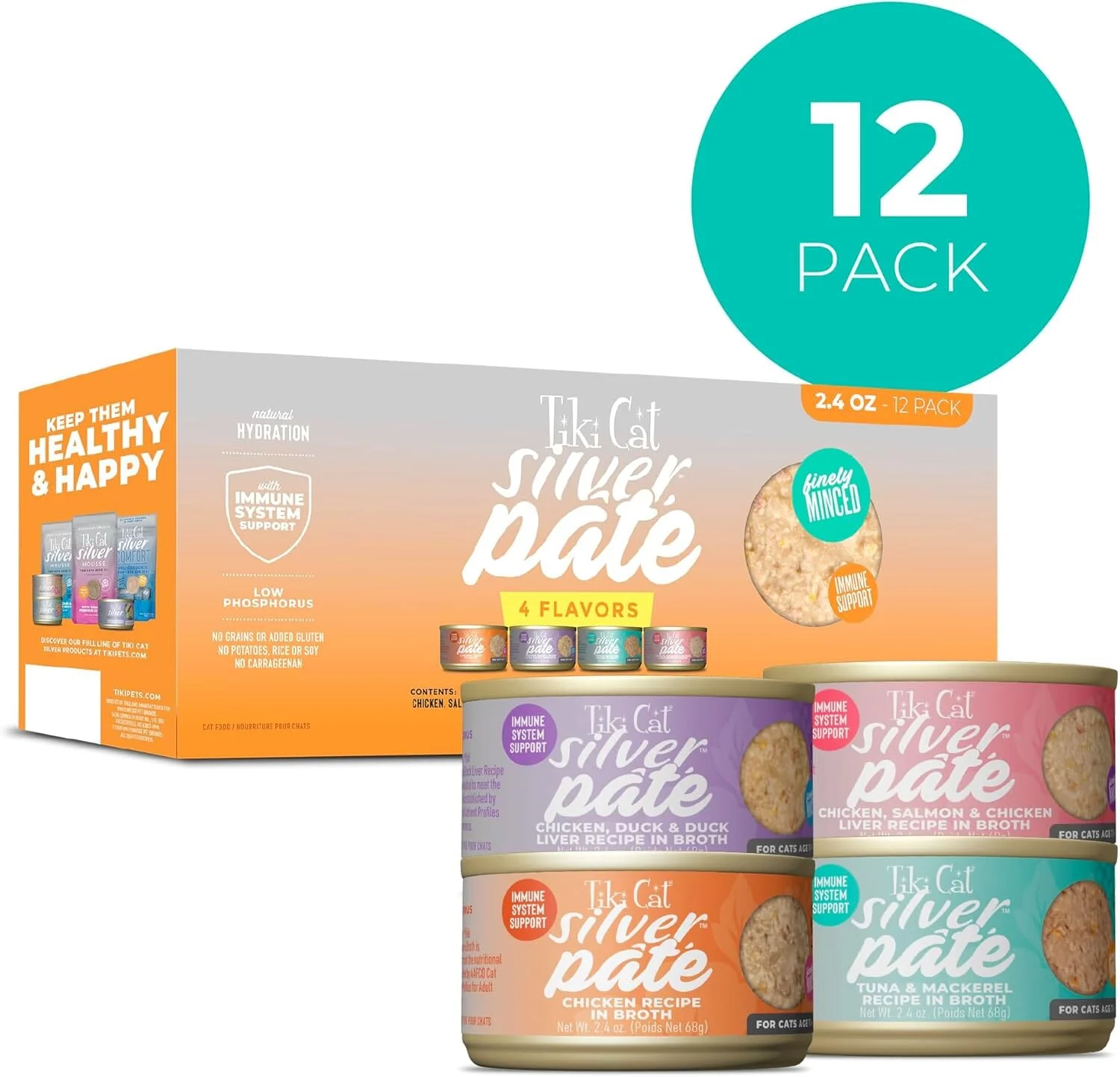 Tiki Cat Silver Pate Grain-Free Chicken Duck Salmon Tuna Mackerel in Broth Senior Adult Canned Cat Food - Variety Pack - 2.4 Oz - Case of 12 - Image 2