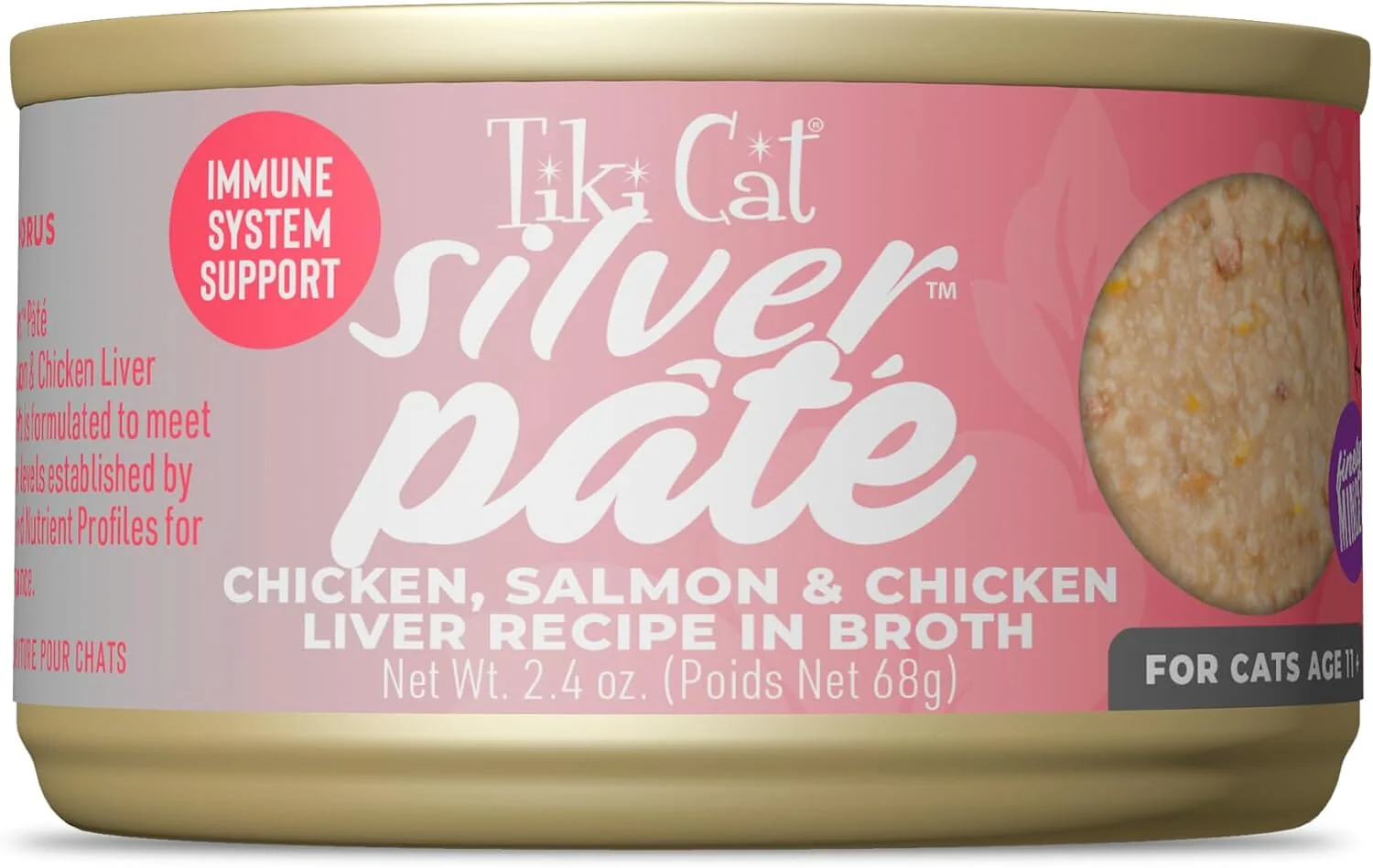 Tiki Cat Silver Pate Grain-Free Chicken Salmon and Chicken Liver in Broth Senior Adult Canned Cat Food - 2.4 Oz - Case of 12