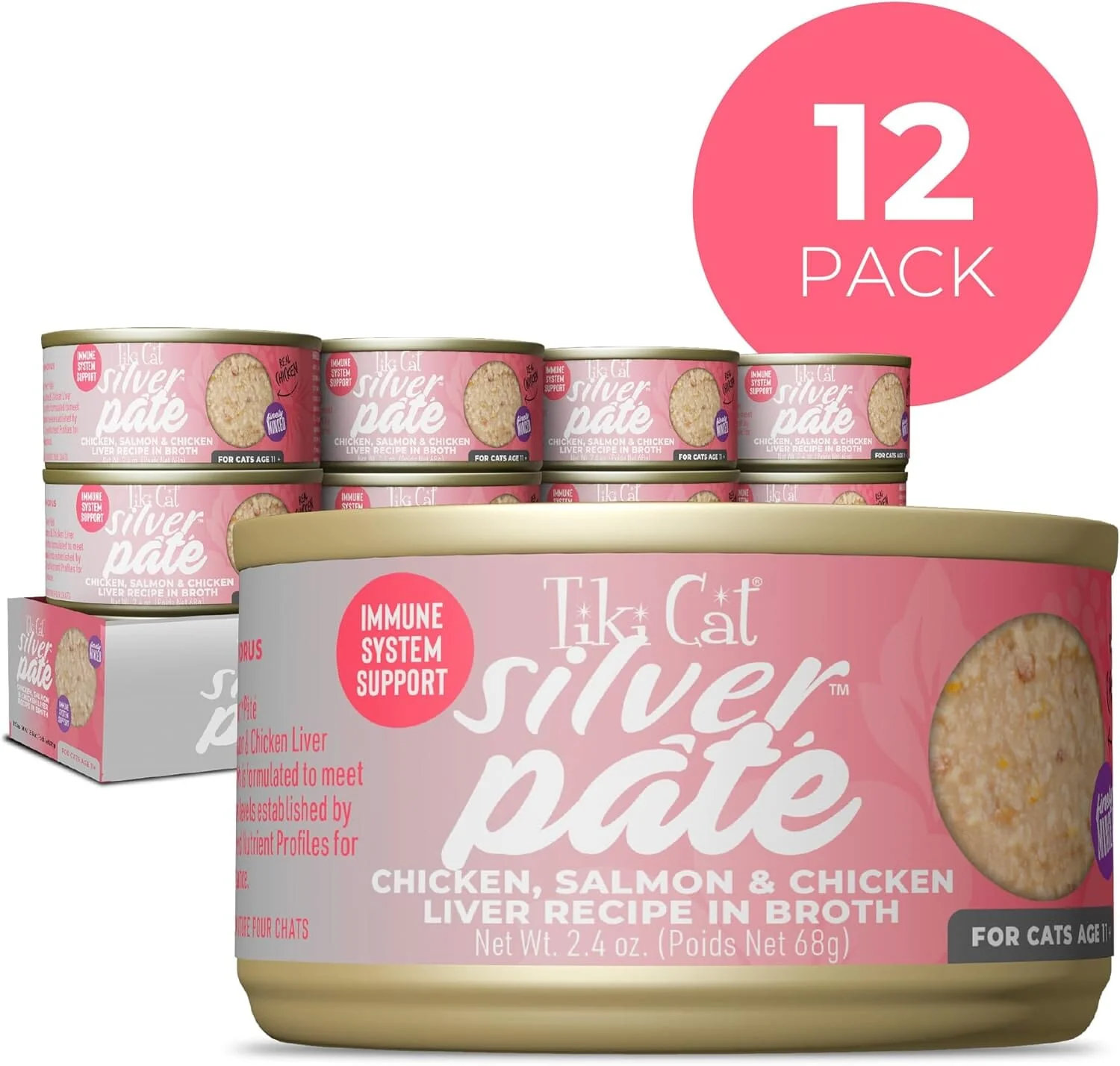Tiki Cat Silver Pate Grain-Free Chicken Salmon and Chicken Liver in Broth Senior Adult Canned Cat Food - 2.4 Oz - Case of 12 - Image 2