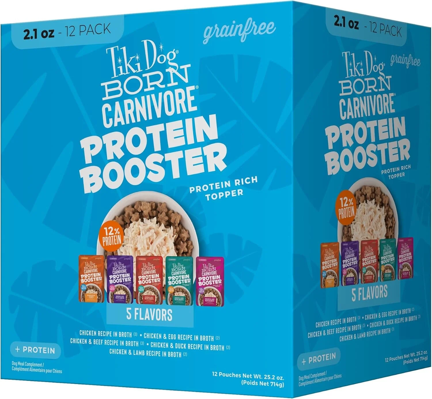 Tiki Dog Born Carnivore Protein Booster Chicken Lamb Duck Egg Beef in Broth Wet Dog Food Topper Pouch - Variety Pack - 2.1 Oz - Case of 12