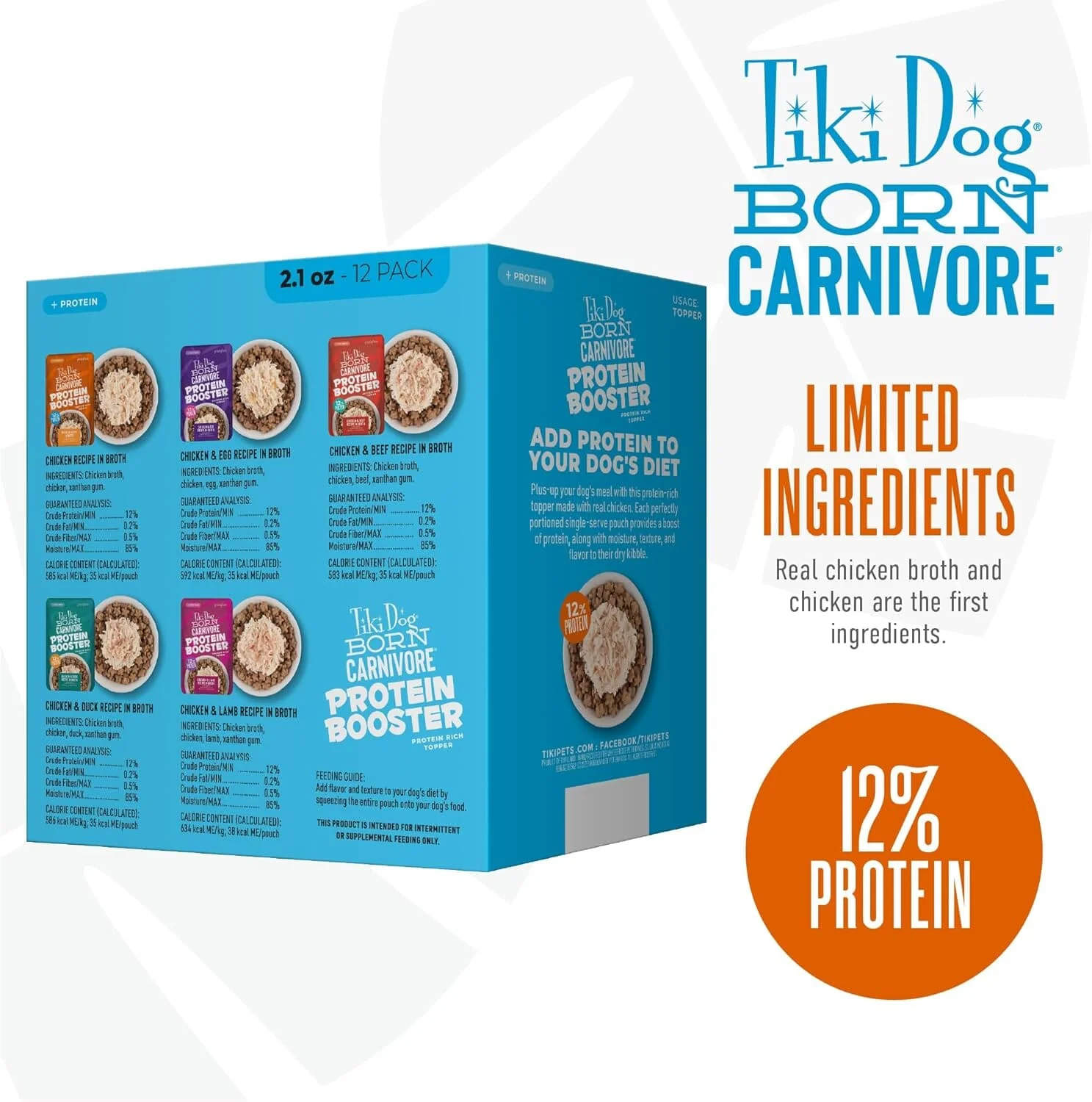 Tiki Dog Born Carnivore Protein Booster Chicken Lamb Duck Egg Beef in Broth Wet Dog Food Topper Pouch - Variety Pack - 2.1 Oz - Case of 12 - Image 2