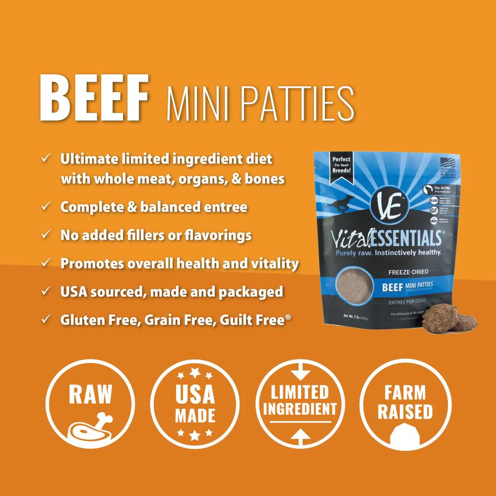 Vital Essentials Freeze Dried Beef Grain Free Mini Patties Entree for Dogs Food - Image 3