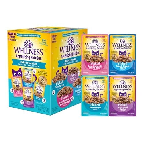 Wellness Appetizing Entrees Flaked Tuna Mackerel Shrimp Tilapia Cod Wet Cat Food Pouch - Variety Pack - 1.4 Oz - 8 Pack - Case of 3