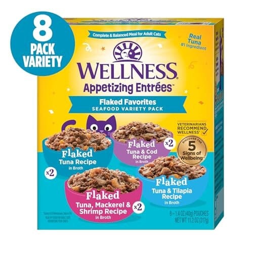 Wellness Appetizing Entrees Flaked Tuna Mackerel Shrimp Tilapia Cod Wet Cat Food Pouch - Variety Pack - 1.4 Oz - 8 Pack - Case of 3 - Image 2