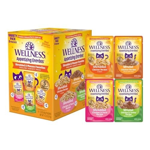 Wellness Appetizing Entrees Shredded and Mousse Chicken Turkey Duck Wet Cat Food Pouch - Variety Pack - 1.4 Oz - 8 Pack - Case of 3