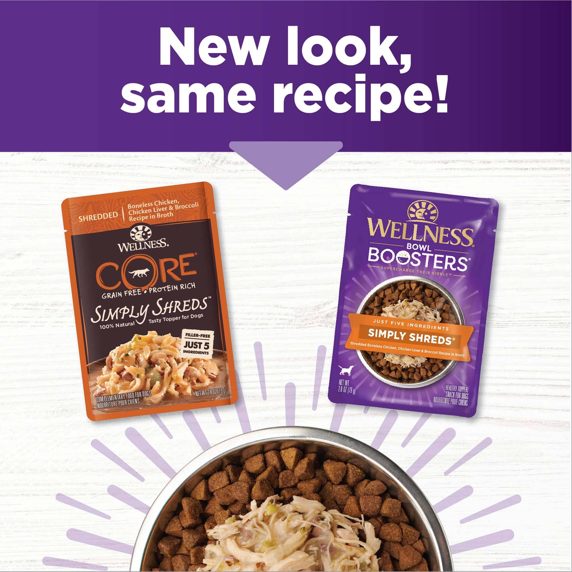 Wellness Core Bowl Boosters Simply Shreds Grain-Free Boneless Chicken Liver and Broccoli Wet Dog Food Topper Pouch - 2.8 Oz - Case of 12 - Image 2