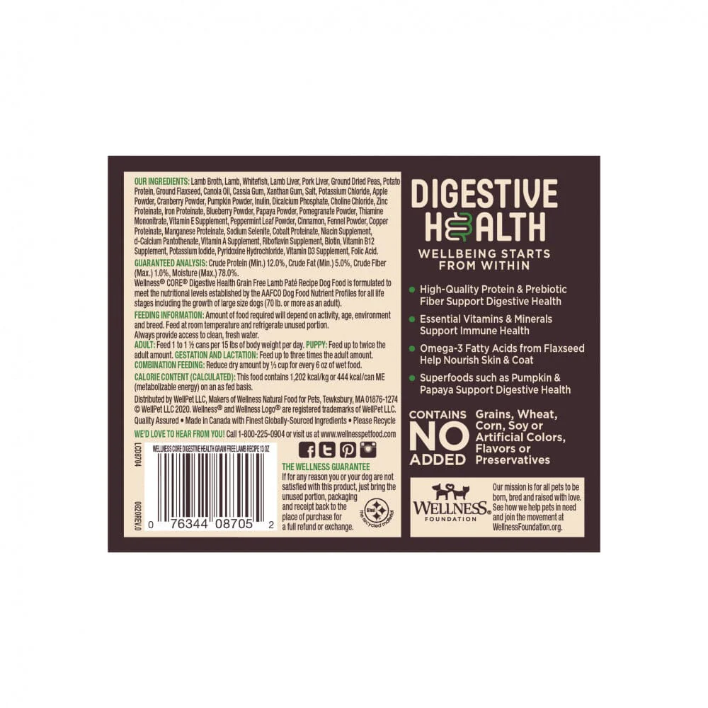 Wellness Core Digestive Health Grain Free Lamb Recipe Canned Dog Food - Image 4