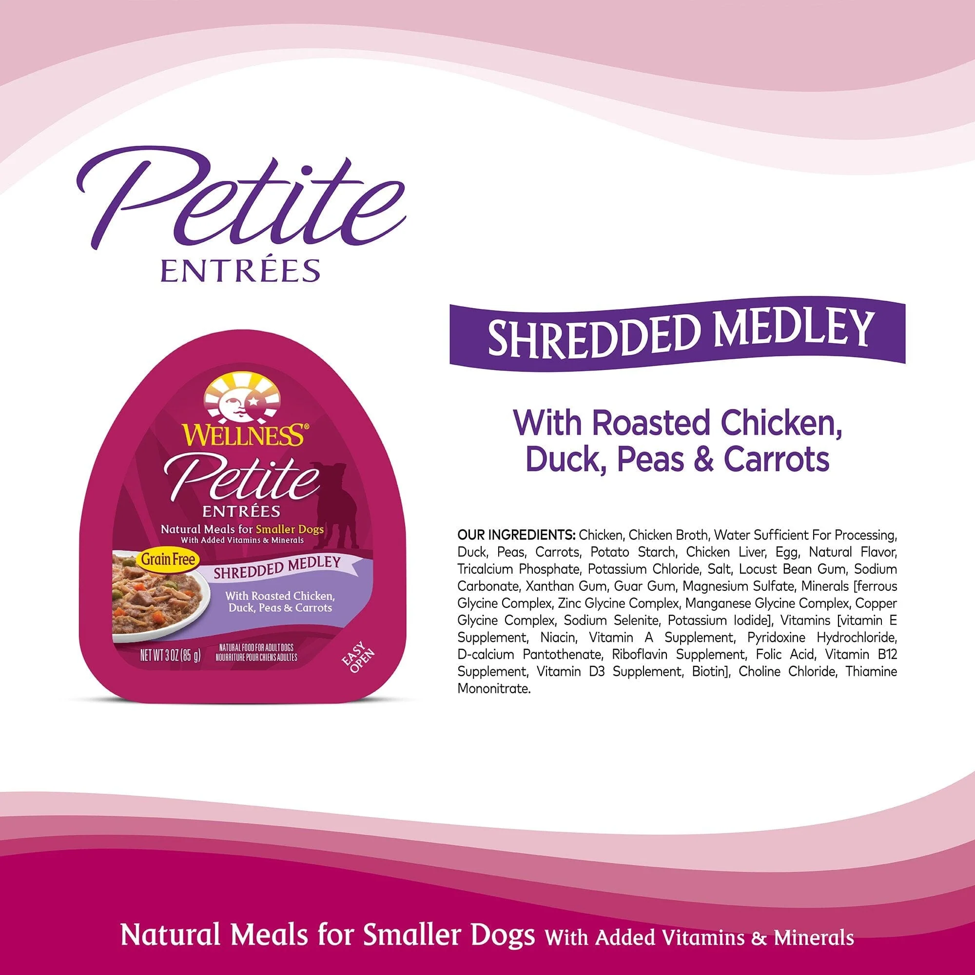 Wellness Petite Entrees Shredded Medley Grain-Free Chicken Duck Peas and Carrots Wet Dog Food Tray - 3 Oz - Case of 12 - Image 2