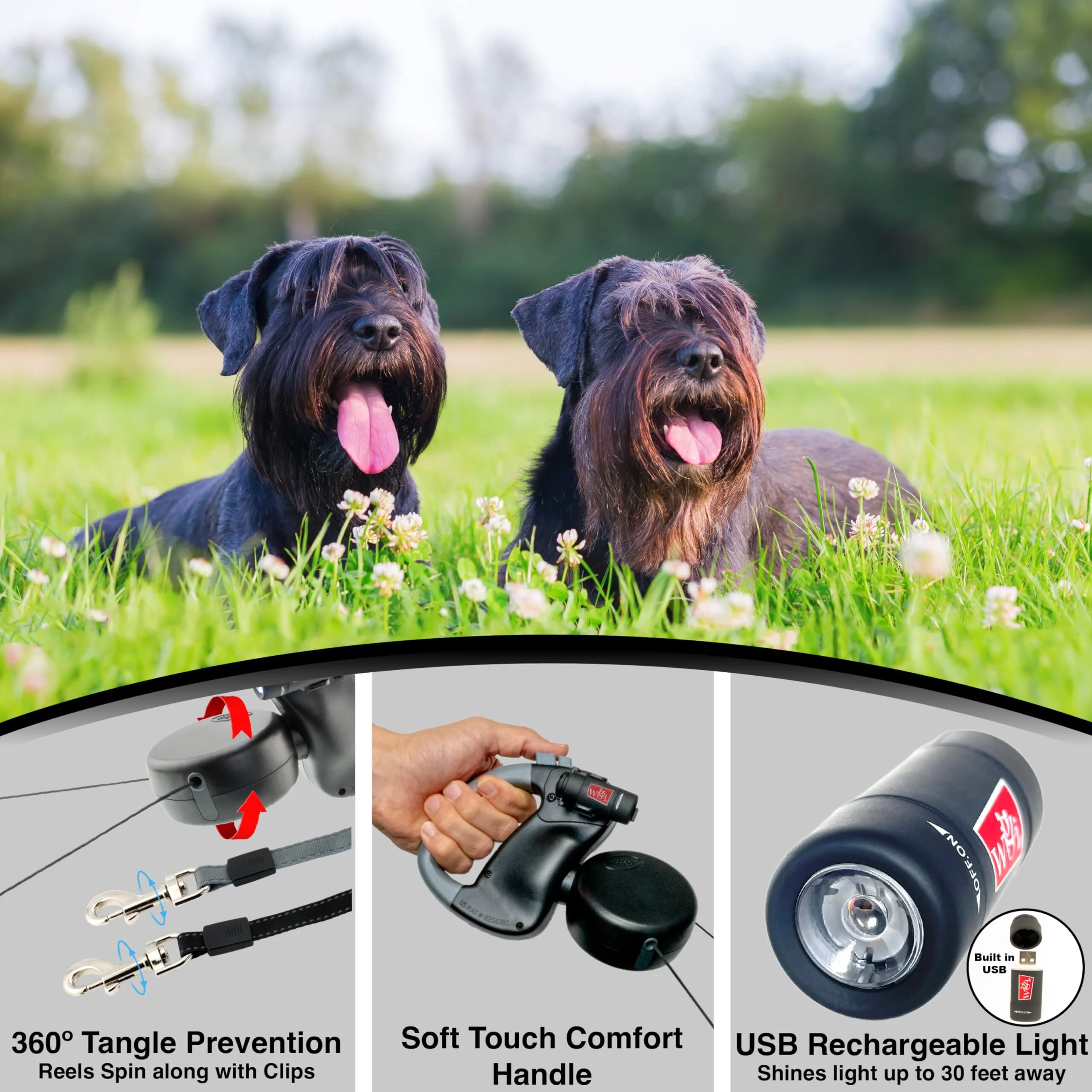 Wigzi Dual-Dog Walking with LED Light and Reflective Gel Handle Retractable Dog Leash - Small/Medium - Up to 10 Feet - Image 3